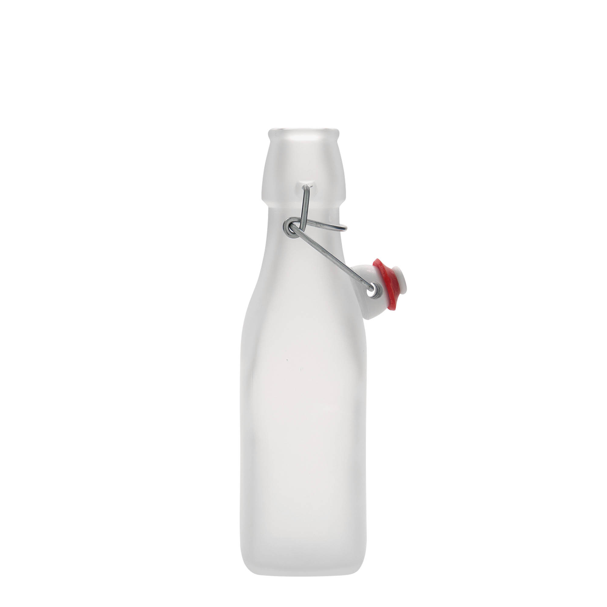 250 ml stiklinis butelis „Swing“, kvadratinis, baltas, kamštis: spaustukas