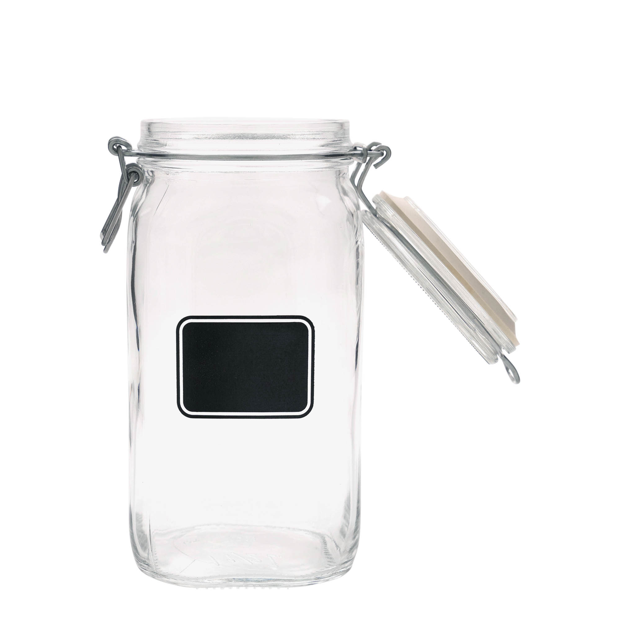 1.500 ml vielos užsegamas stiklainis „Fido“, motyvas: etikečių plotas, kvadratinis, anga: vielos užsegimas 1.500 ml vielos užsegamas stiklainis „Fido“, motyvas: etikečių plotas, kvadratinis, anga: vielos užsegimas