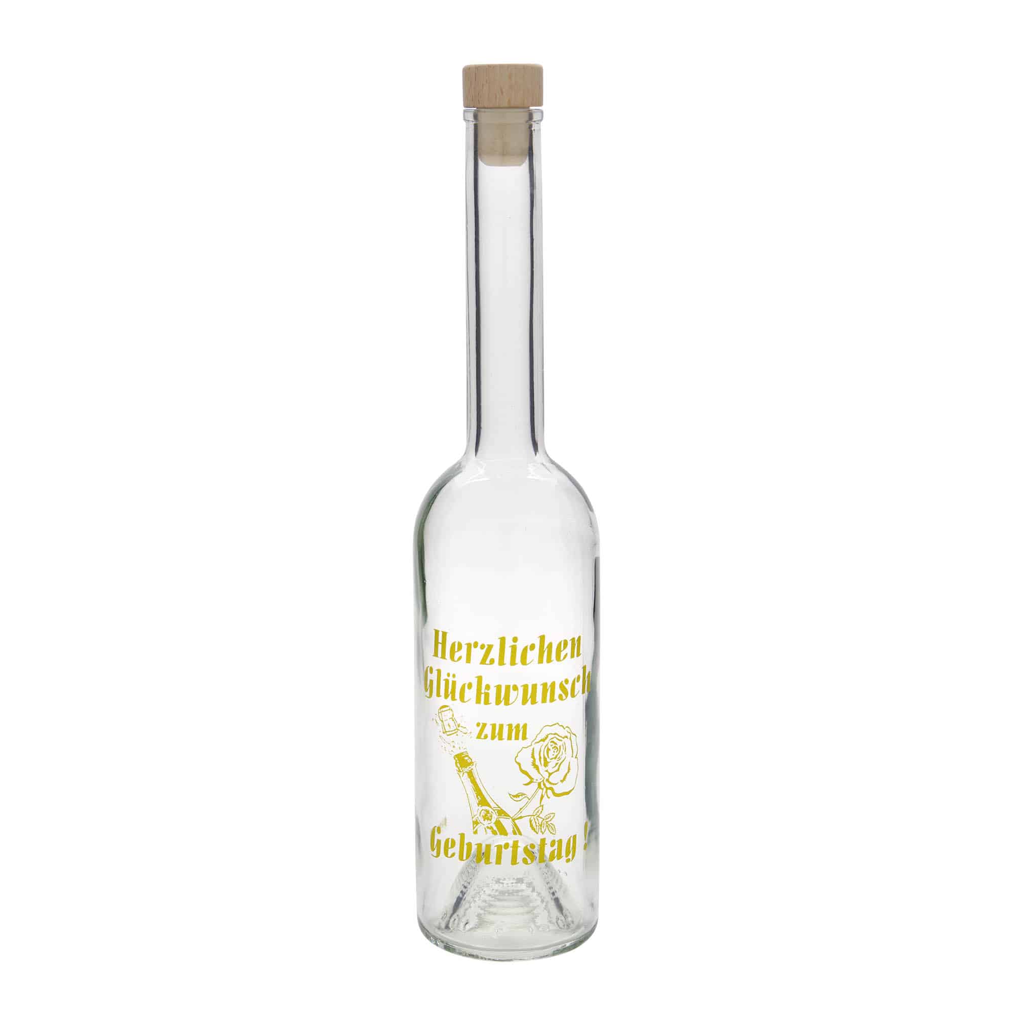 500 ml stiklinis butelis „Opera“, motyvas: gimtadienio butelis, kaklelis: kamštis