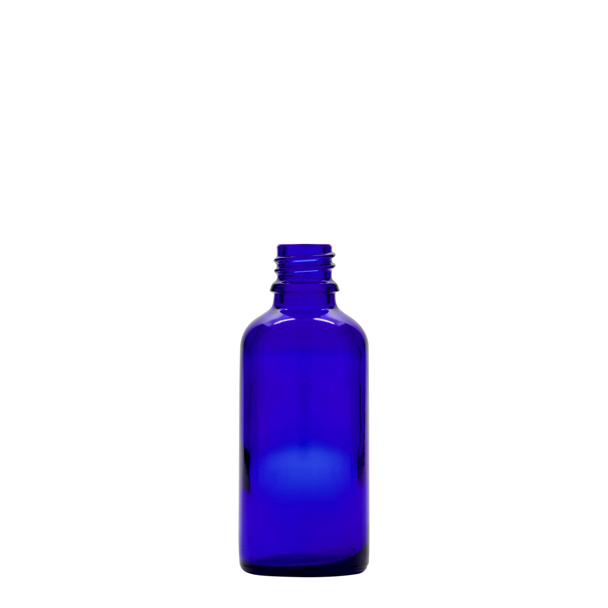 50 ml lašintuvo buteliukas, medicininis, stiklinis, karališkos mėlynos-raudonos spalvos, anga: DIN 18