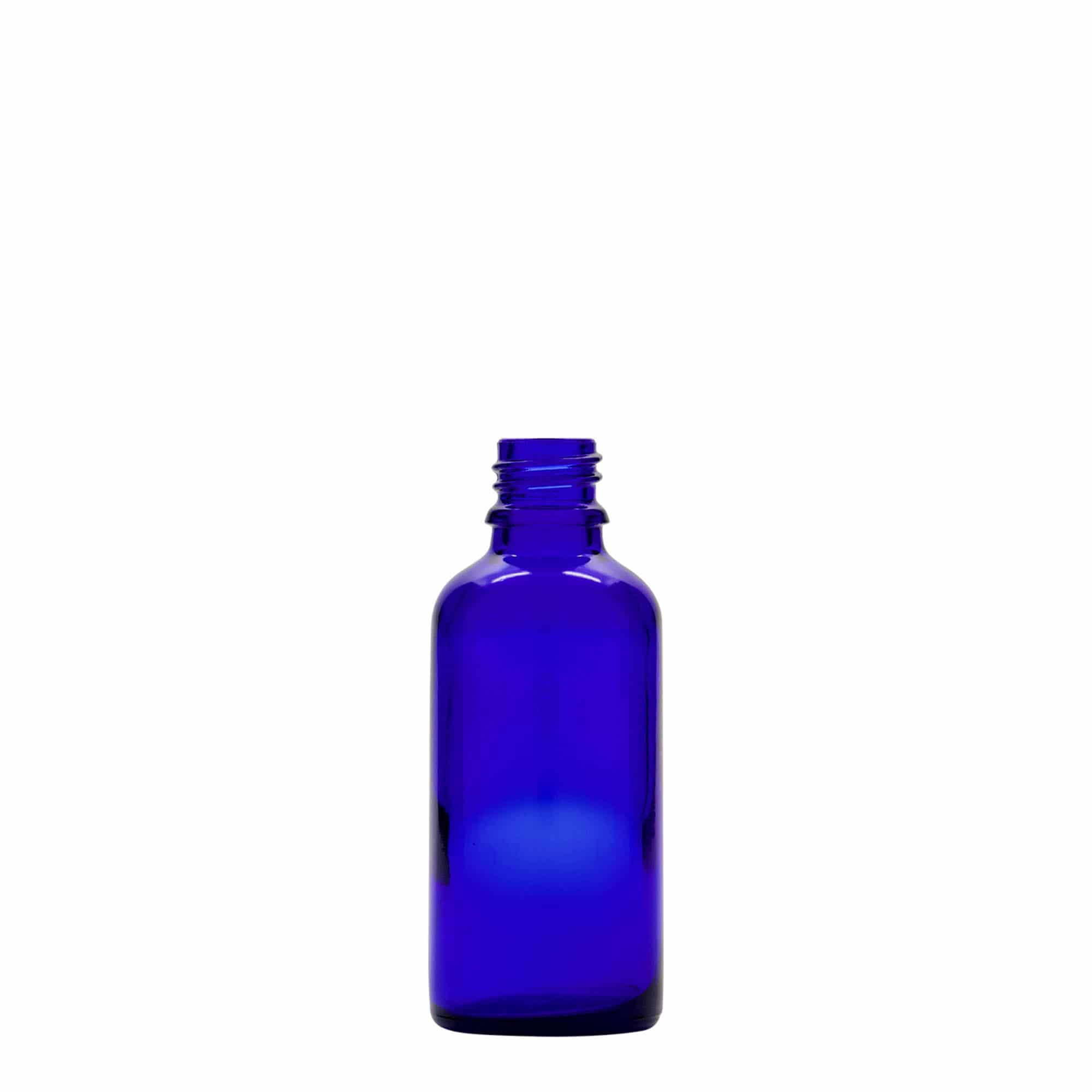 50 ml lašintuvo buteliukas, medicininis, stiklinis, karališkos mėlynos-raudonos spalvos, anga: DIN 18