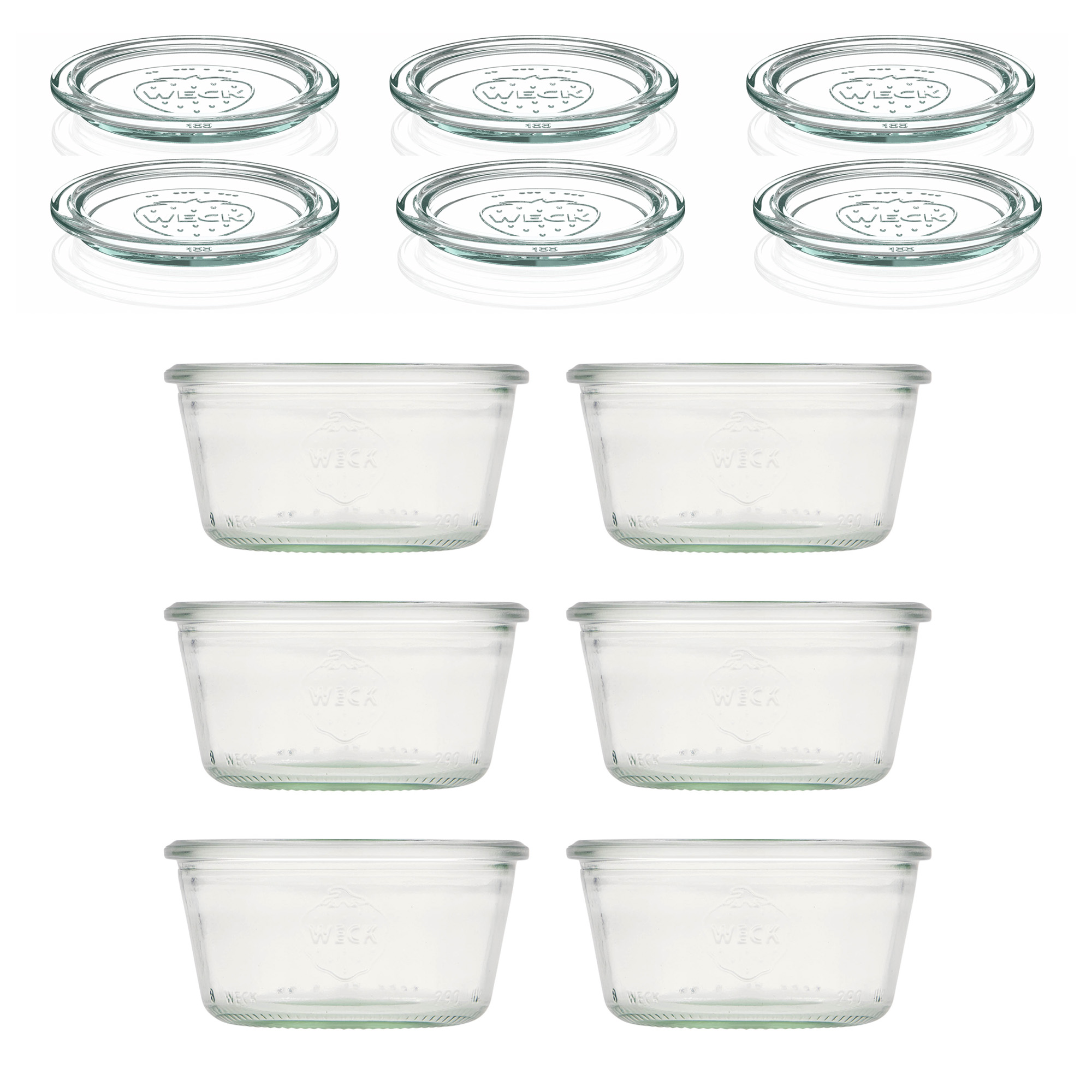6x 290 ml žemas WECK-stiklainis su plačiu burnu su stiklo dangteliu RR 100