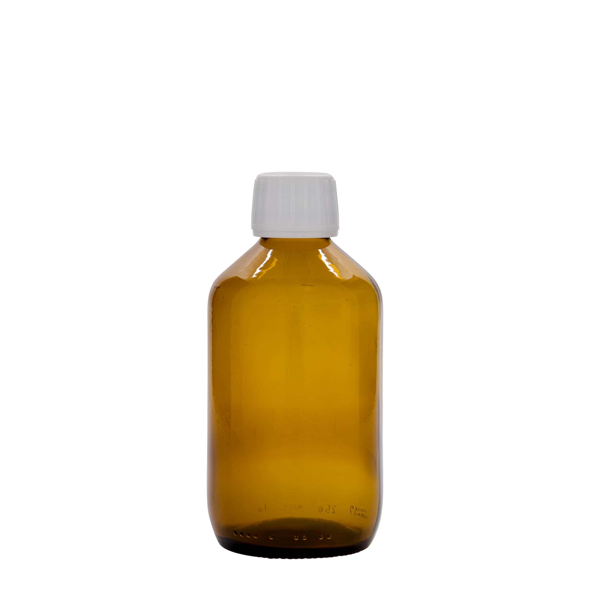 250 ml medicininis buteliukas, rudas, stiklas, burna: PP 28 250 ml medicininis buteliukas, rudas, stiklas, burna: PP 28