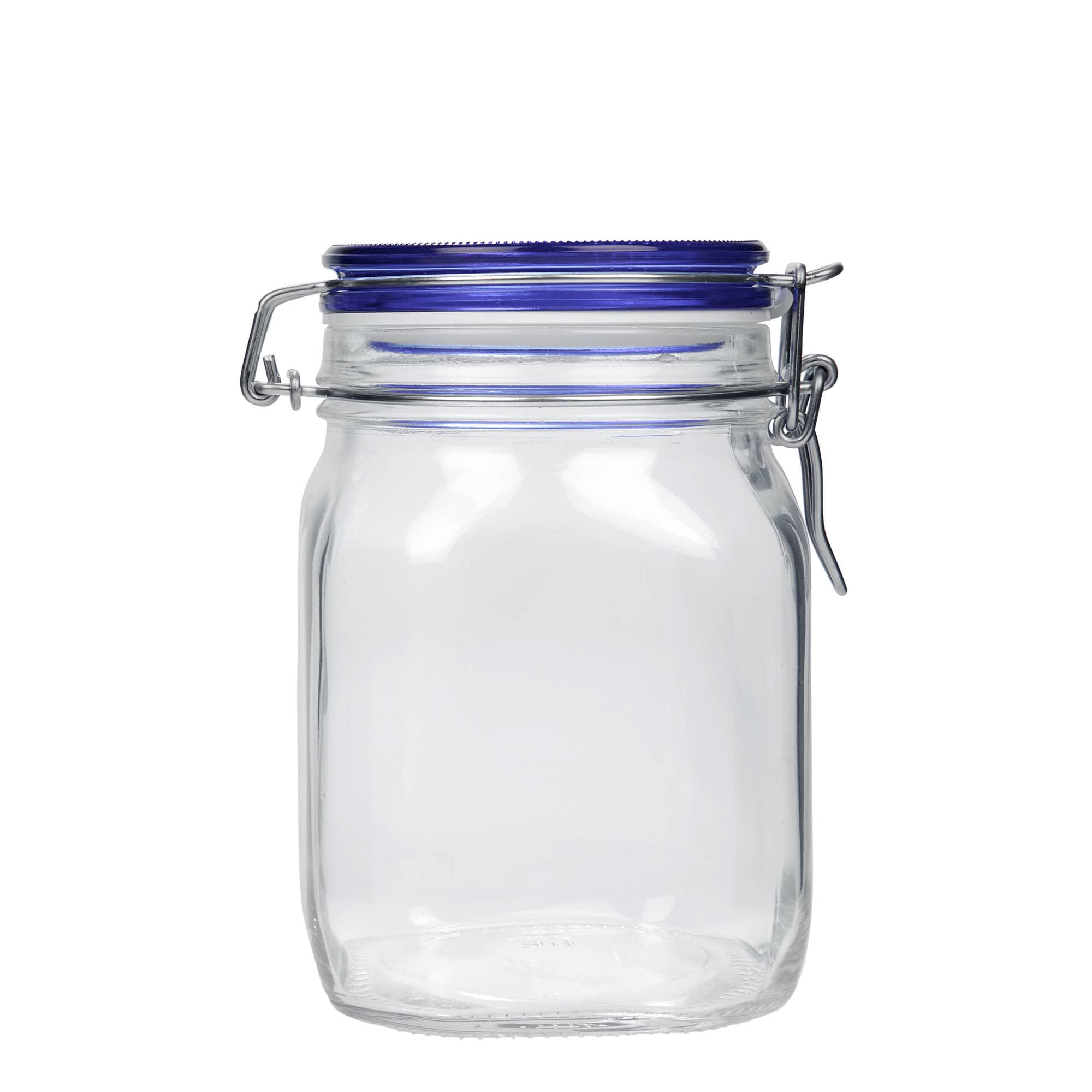 1.000 ml vielos užsegimo stiklainis „Fido“ su mėlynu dangteliu, keturkampis, atidarymas: vielos užsegimas