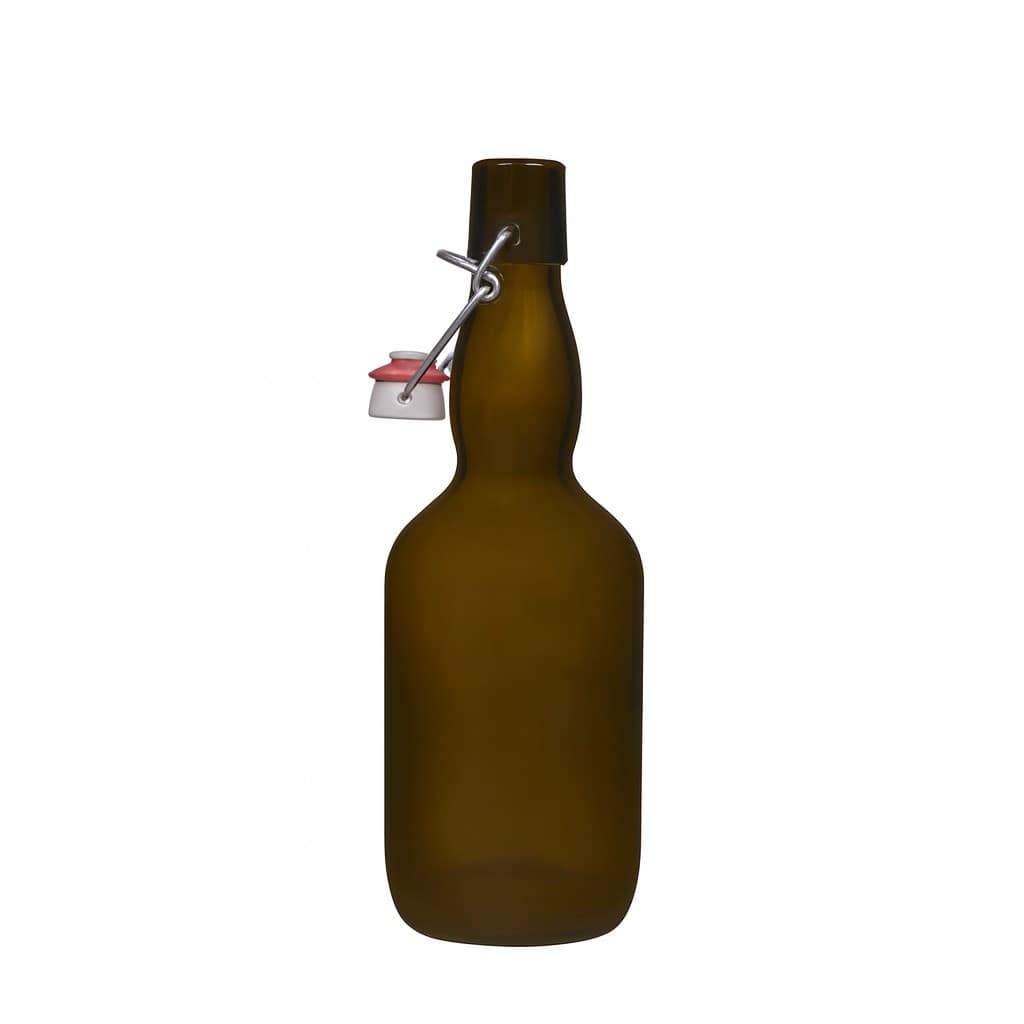 500 ml alaus butelis su kakleliu, stiklas, senam žalia spalva, atidarymas: užsegamas užraktas
