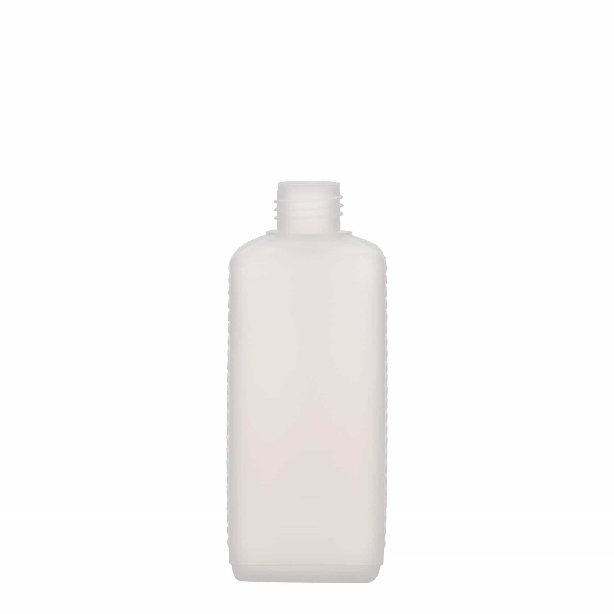 250 ml kanistrinė buteliukas, stačiakampis, HDPE plastikas, natūralios spalvos, anga: DIN 25 EPE