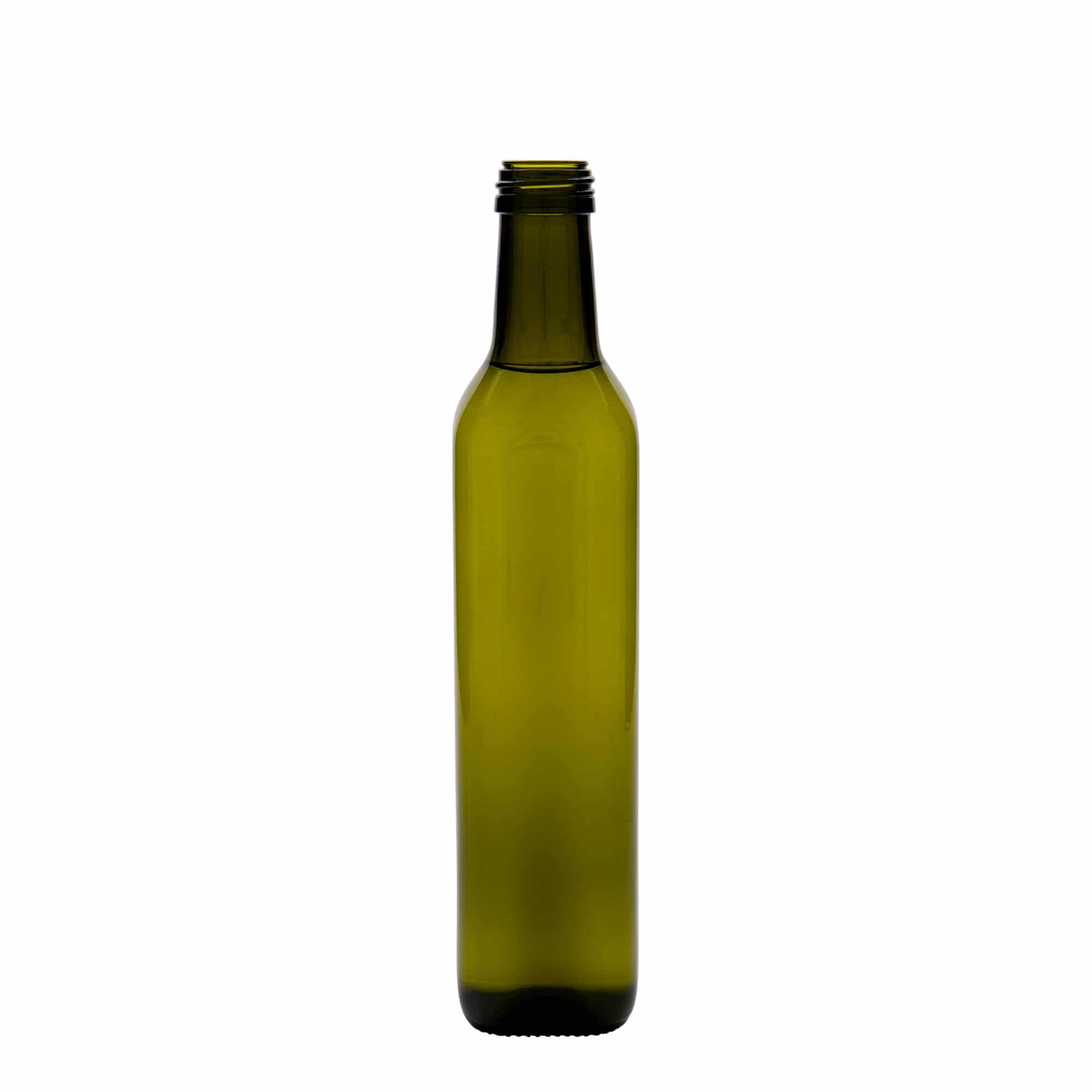 500 ml stiklinis butelis „Marasca“, kvadratinis, antikinės žalios spalvos, burna: PP 31,5