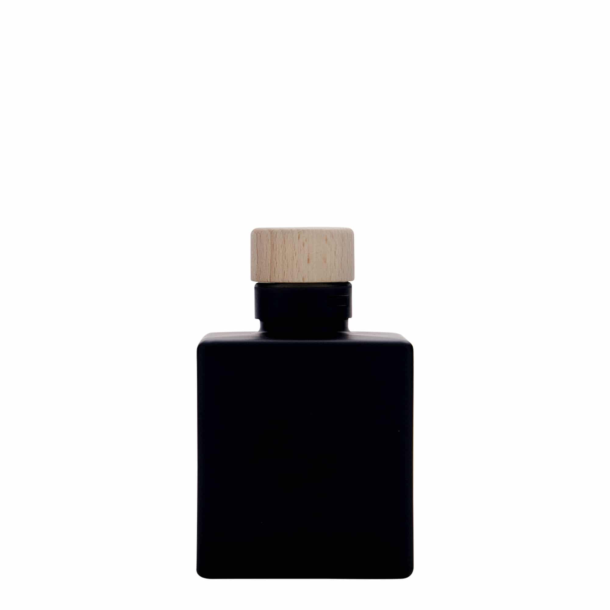 100 ml stiklinis butelis „Cube“, kvadratinis, juodas, anga: kamštis