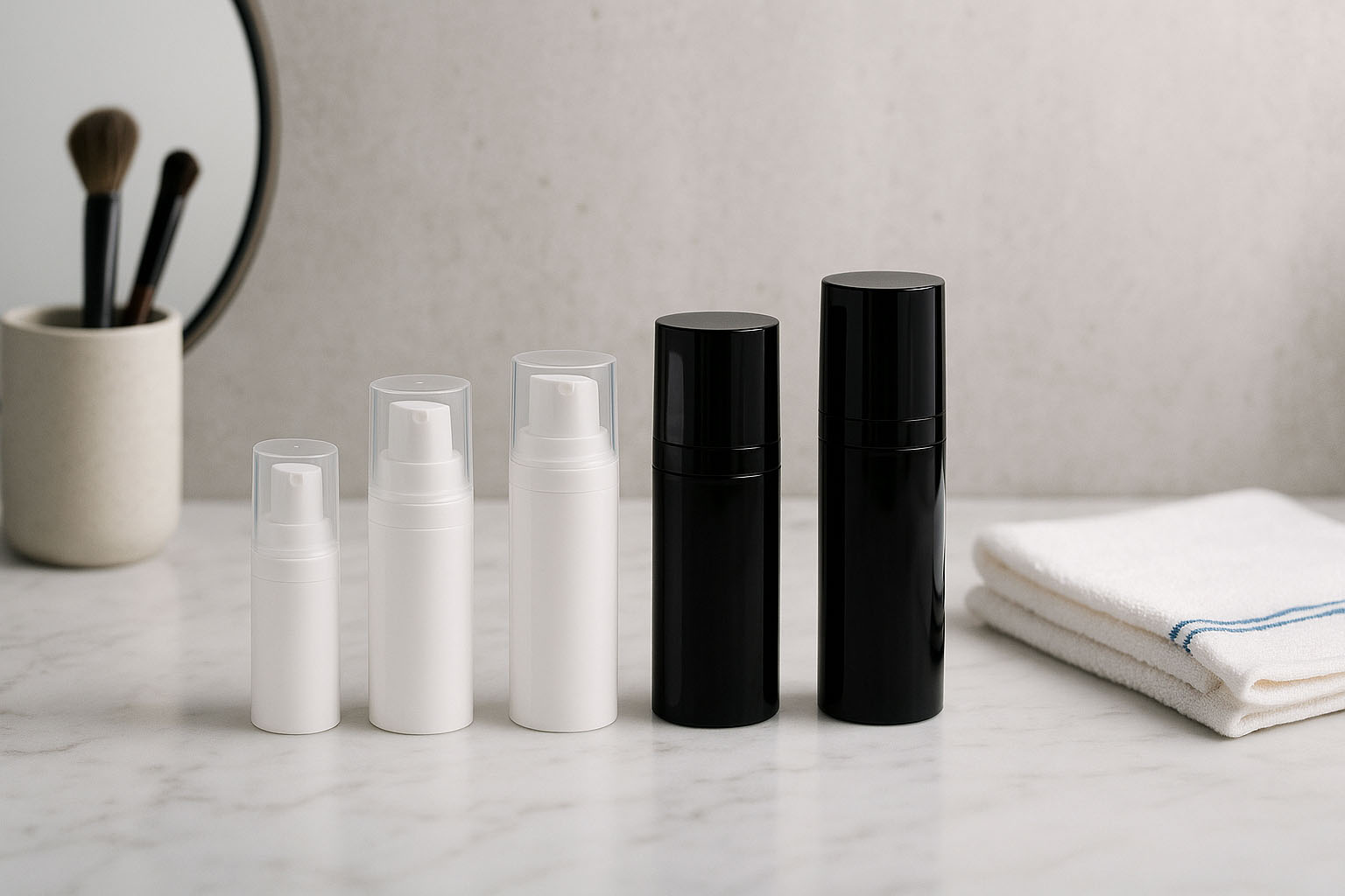 Airless galvutė Micro sidabrinis kraštelis + balta, blizgi jungiamoji kepurėlė Airless galvutė Micro sidabrinis kraštelis + balta, blizgi jungiamoji kepurėlė