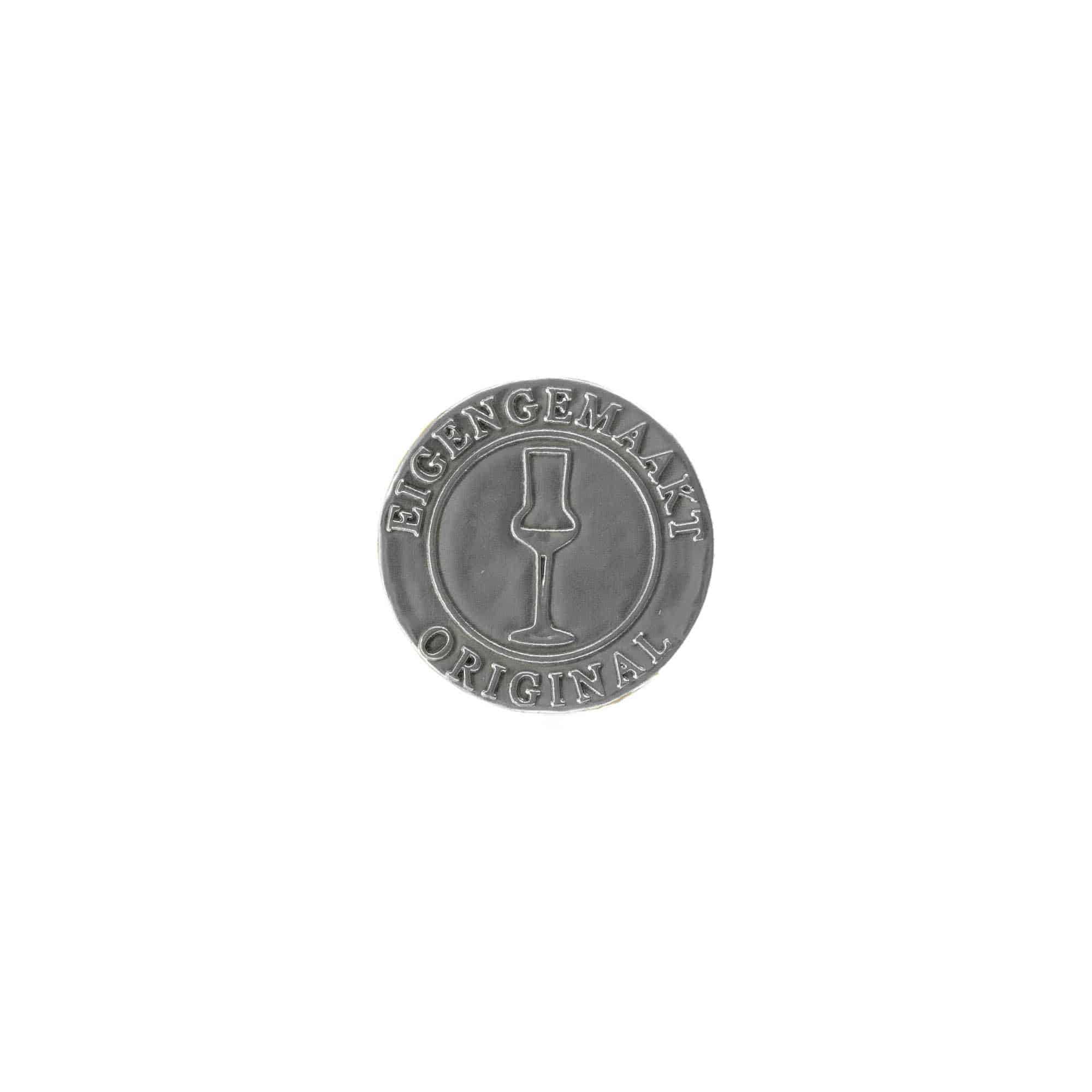 Švino etiketė „Eigengemaakt“, apvali, metalinė, sidabrinė
