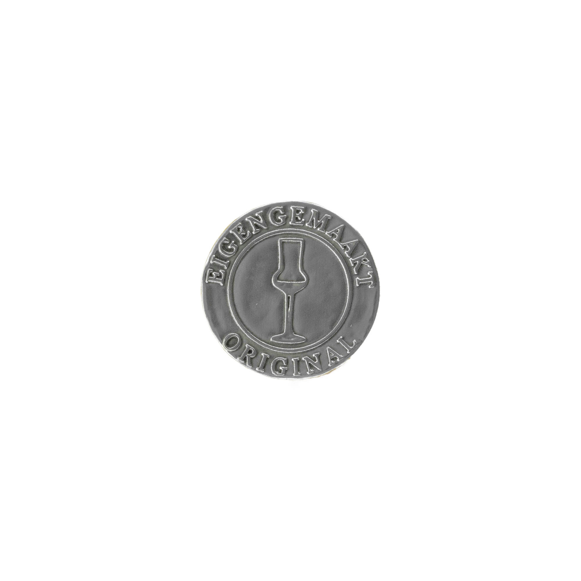 Švino etiketė „Eigengemaakt“, apvali, metalinė, sidabrinė Švino etiketė „Eigengemaakt“, apvali, metalinė, sidabrinė
