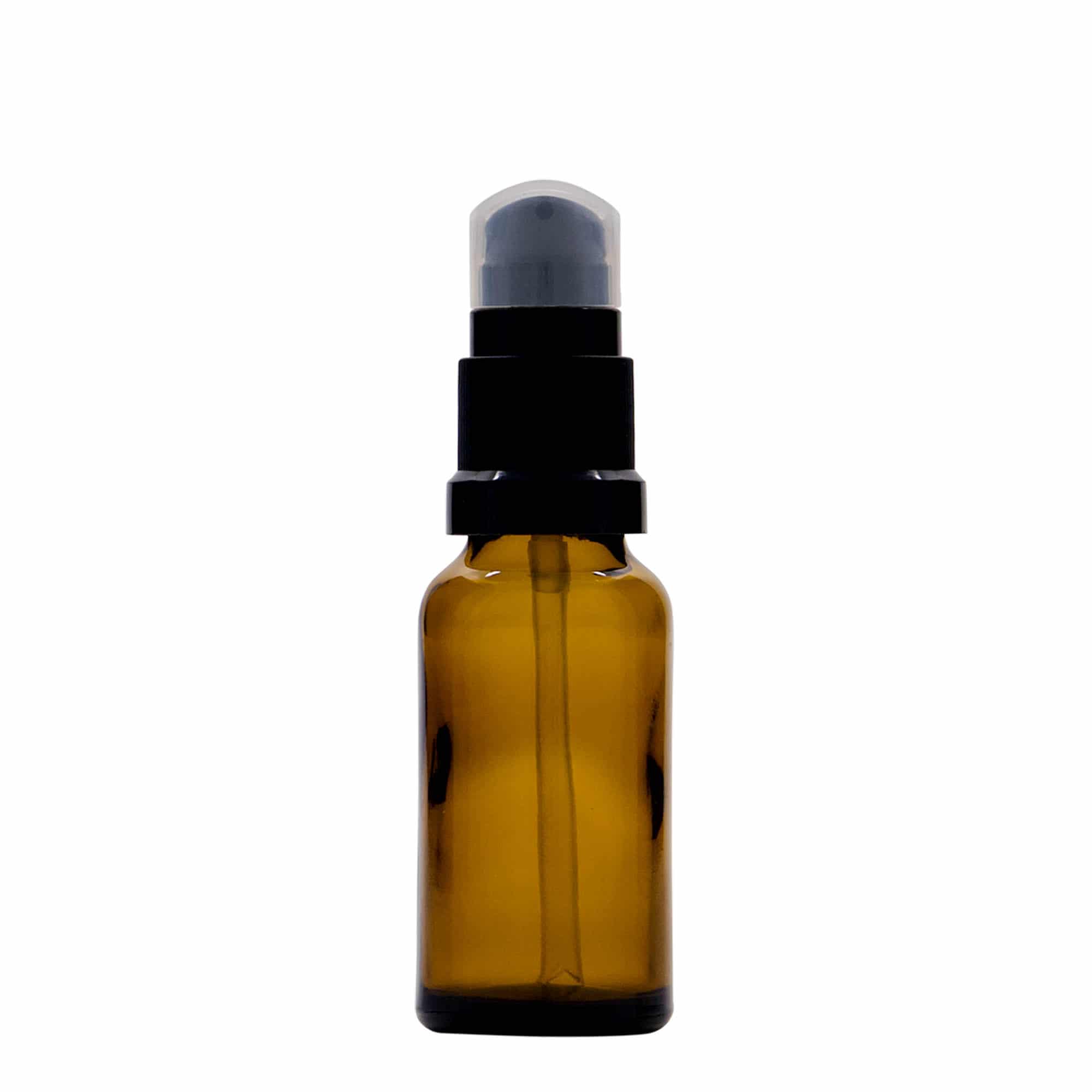 20 ml medicininis buteliukas su losjono pompa, stiklas, rudas, anga: DIN 18