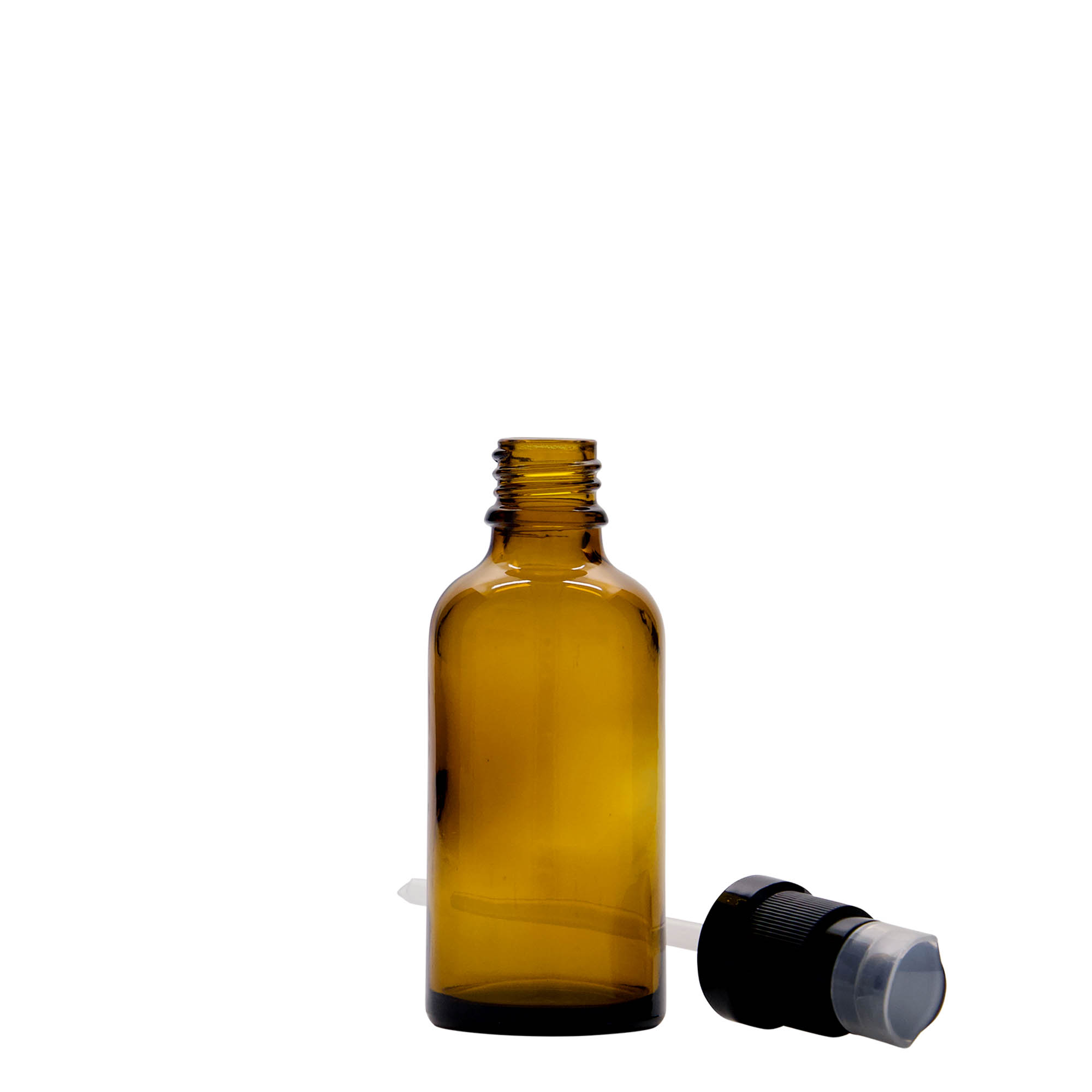 50 ml medicininis buteliukas su losjono siurbliu, stiklas, rudas, anga: DIN 18