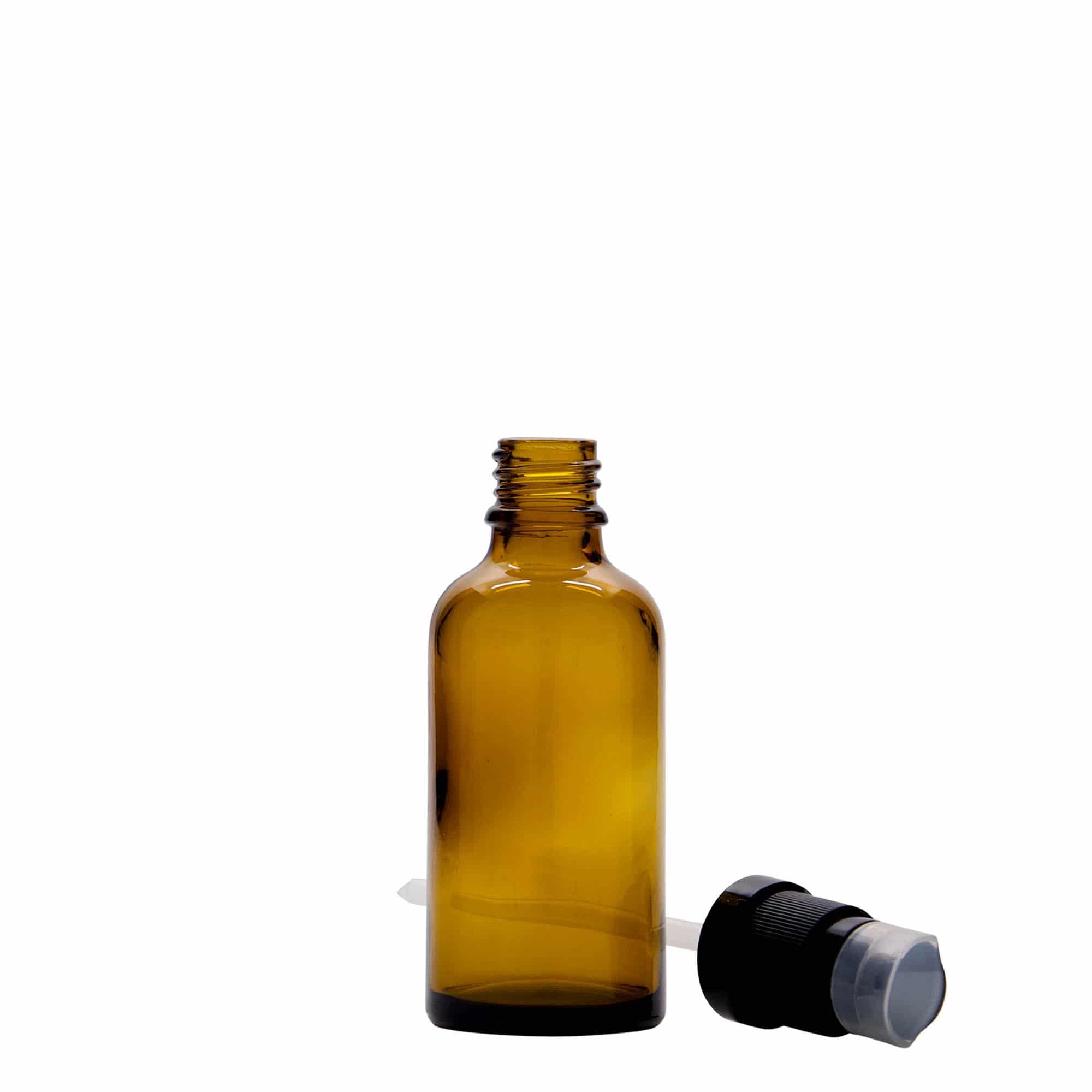 50 ml medicininis buteliukas su losjono siurbliu, stiklas, rudas, anga: DIN 18 50 ml medicininis buteliukas su losjono siurbliu, stiklas, rudas, anga: DIN 18