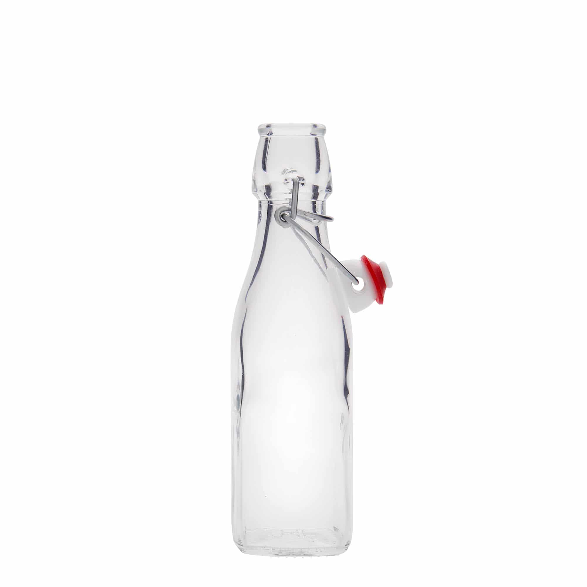 250 ml stiklinis butelis „Swing“, kvadratinis, anga: užsegamas užraktu