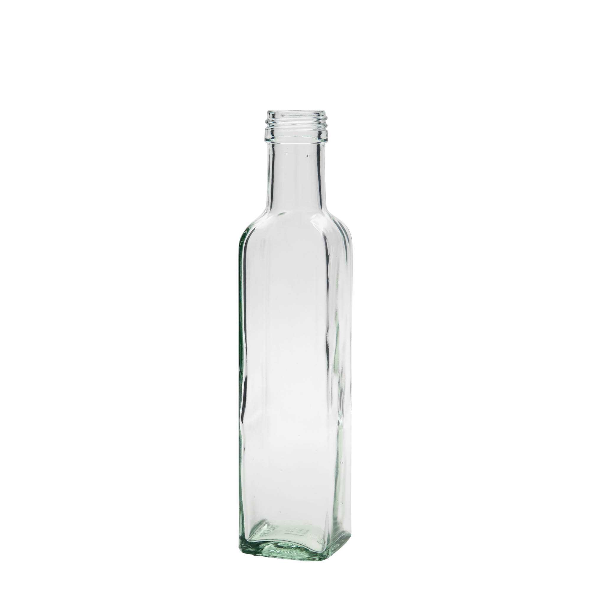 250 ml stiklinis butelis „Marasca“, kvadratinis, anga: PP 31,5