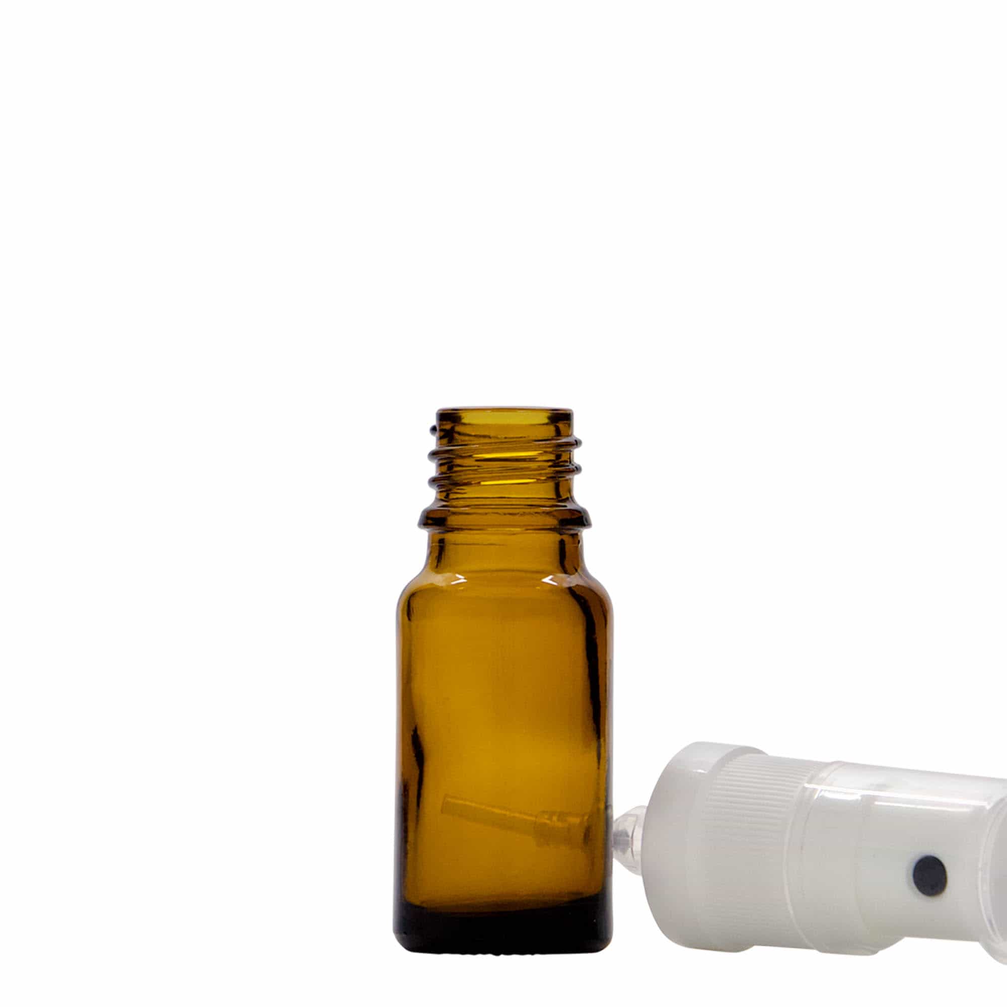 10 ml purškimo buteliukas medicinai, stiklas, rudas, anga: DIN 18
