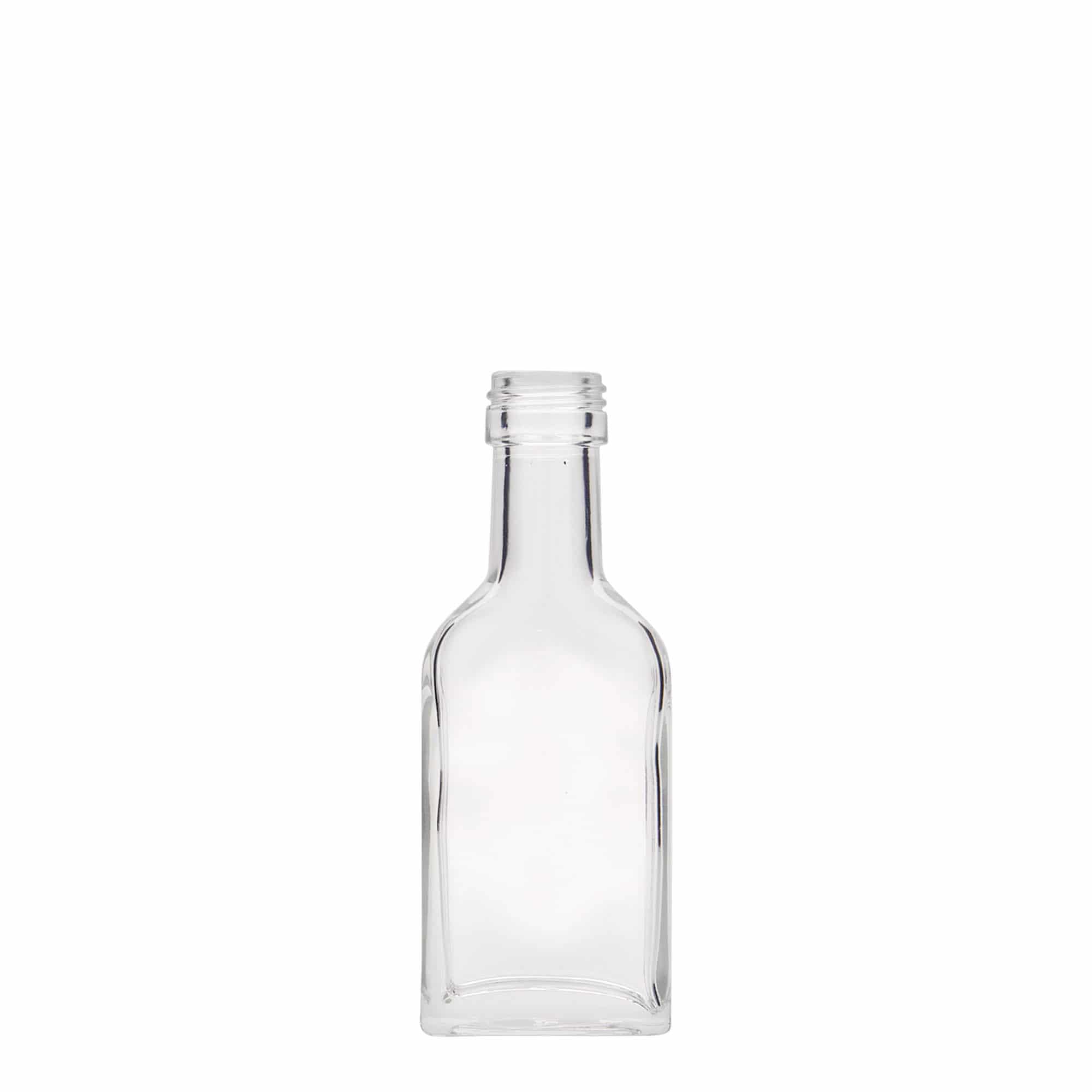 40 ml kišeninė buteliukė ilgai kakliukui, stačiakampė, stiklas, anga: PP 22
