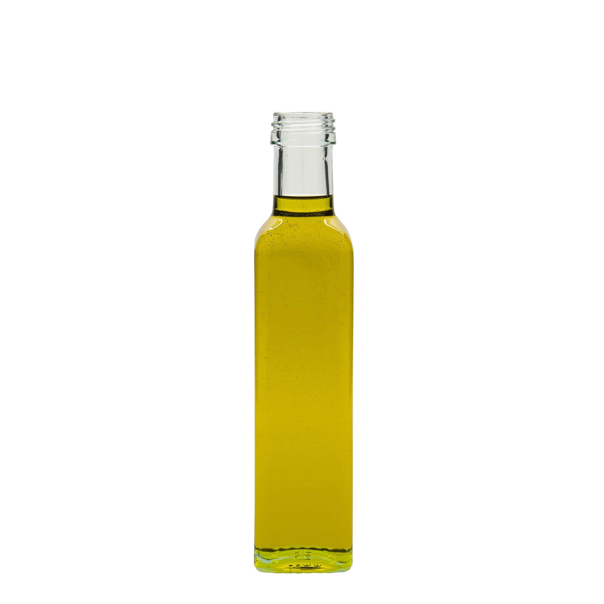 250 ml stiklinis butelis „Marasca“, kvadratinis, anga: PP 31,5