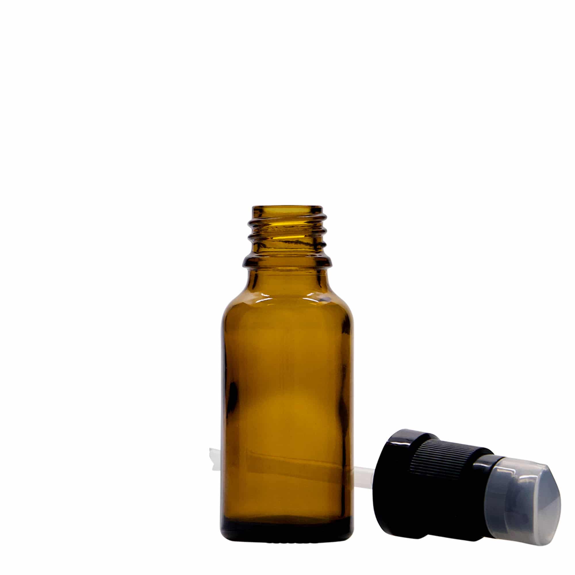 20 ml medicininis buteliukas su losjono pompa, stiklas, rudas, anga: DIN 18
