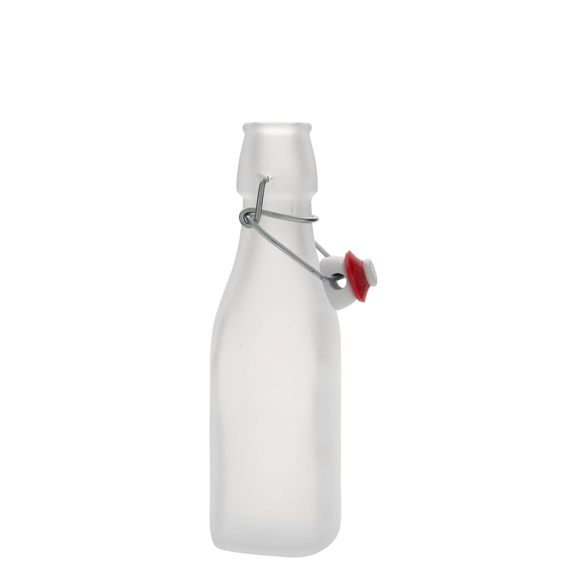 250 ml stiklinis butelis „Swing“, kvadratinis, baltas, kamštis: spaustukas