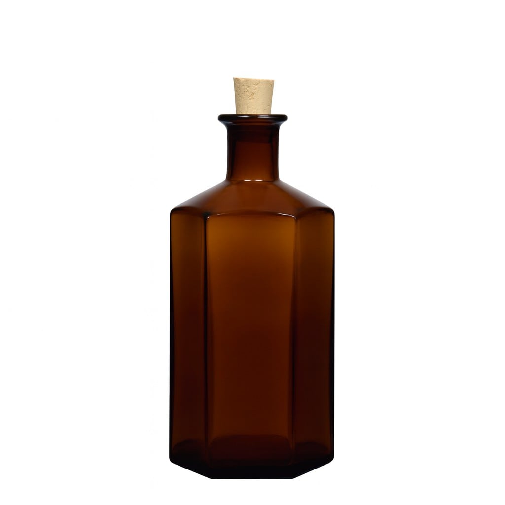 500 ml stiklinis butelis „Jimmy“ vaistininkui, šešiakampis, rudas, kamštis