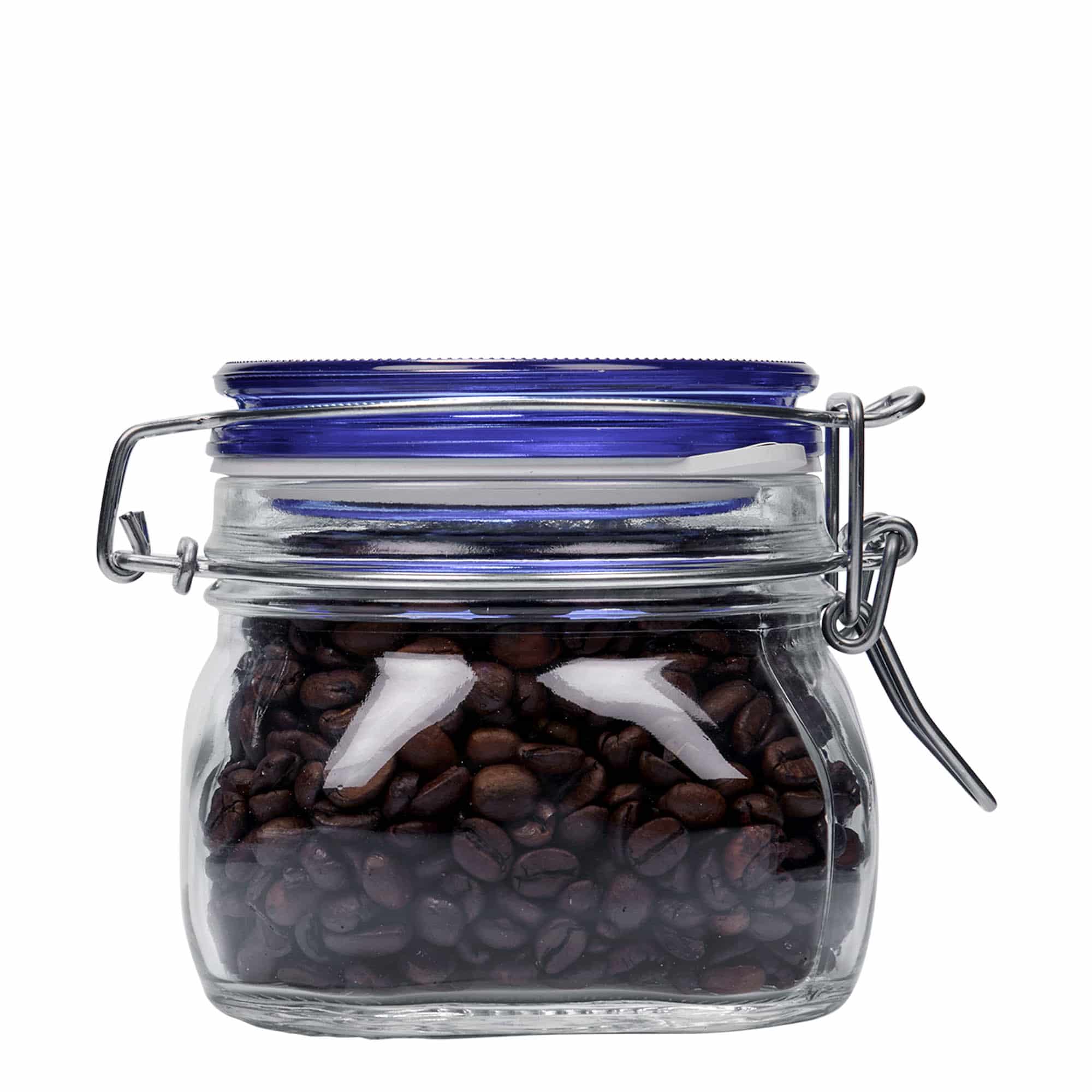 500 ml vielos užsegimo stiklainis „Fido“ mėlynas dangtelis, kvadratinis, anga: vielos užsegimas