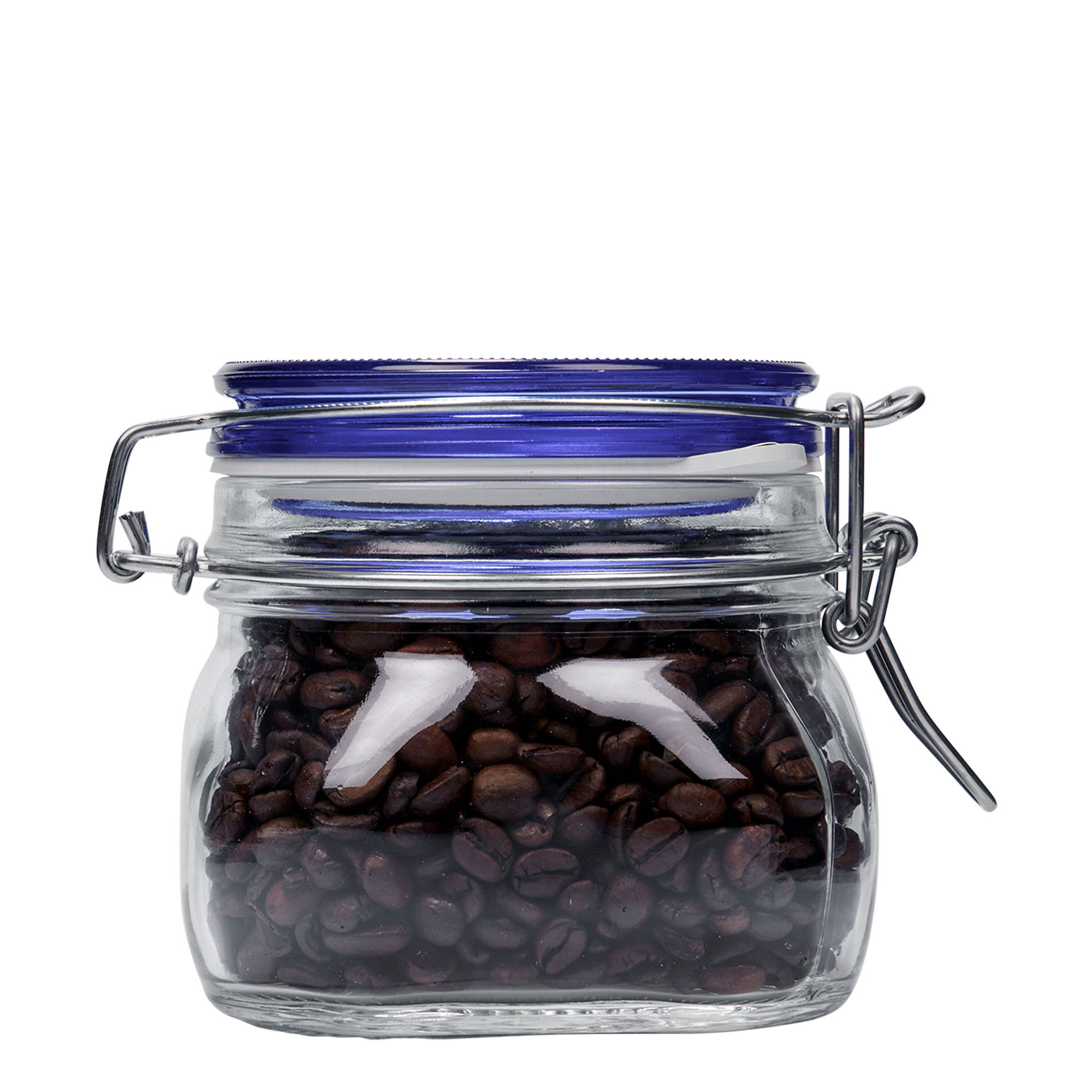 500 ml vielos užsegimo stiklainis „Fido“ mėlynas dangtelis, kvadratinis, anga: vielos užsegimas 500 ml vielos užsegimo stiklainis „Fido“ mėlynas dangtelis, kvadratinis, anga: vielos užsegimas