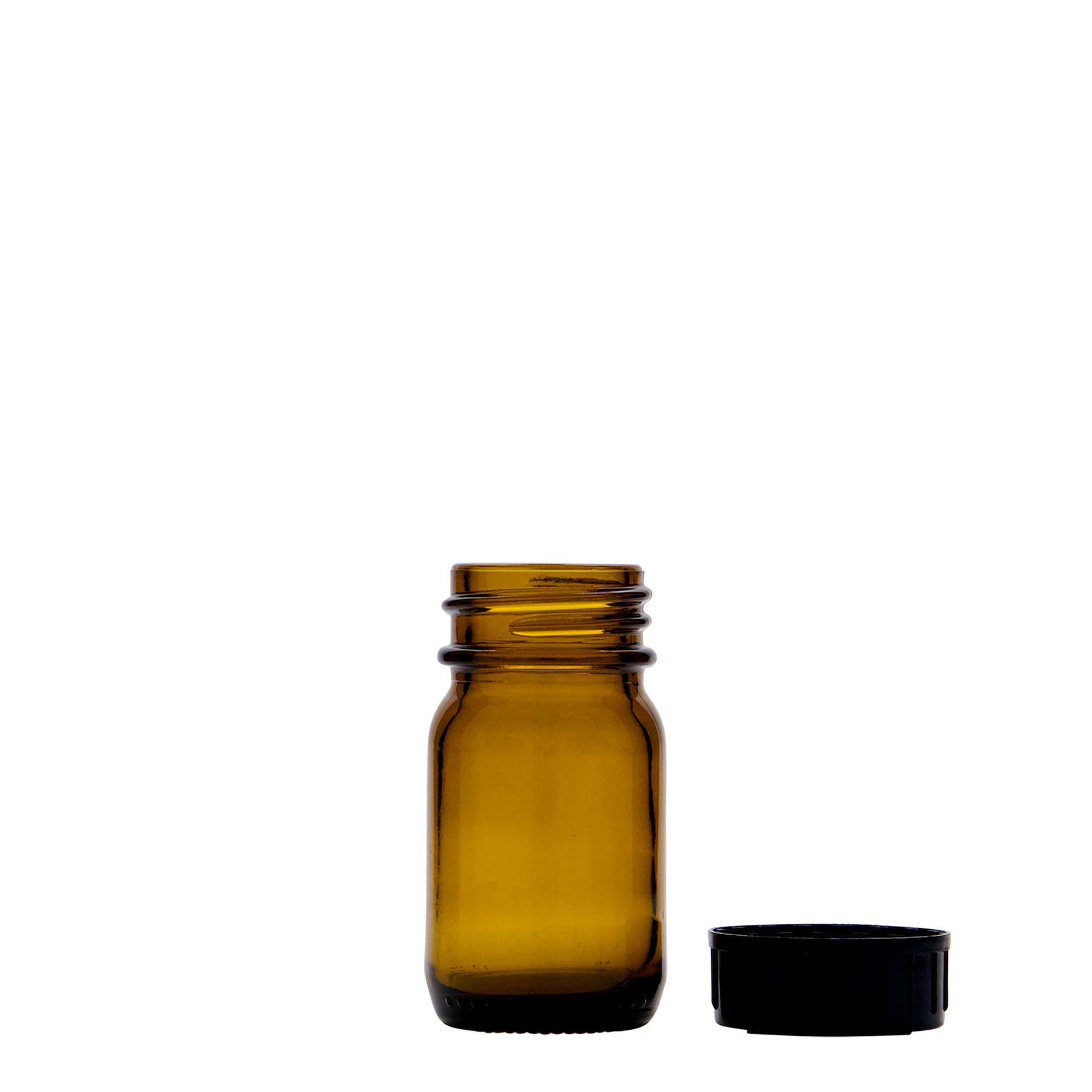 30 ml plačiu kaklu stiklinis buteliukas, rudas, anga: DIN 32