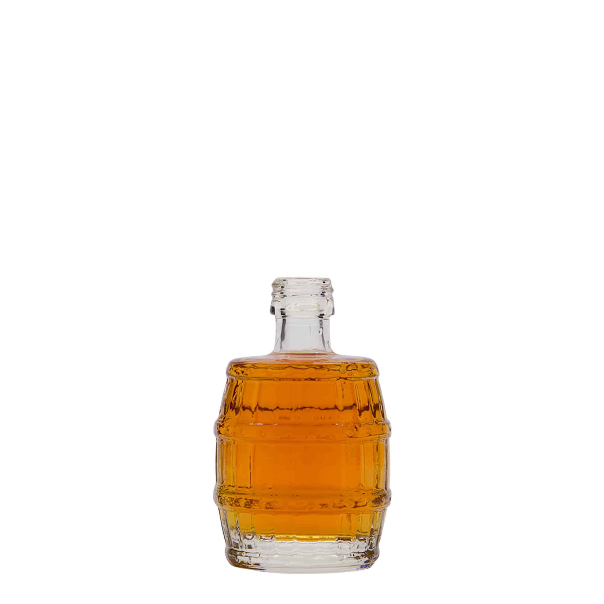 50 ml stiklinis buteliukas „Statinė“, burna: PP 18 50 ml stiklinis buteliukas „Statinė“, burna: PP 18