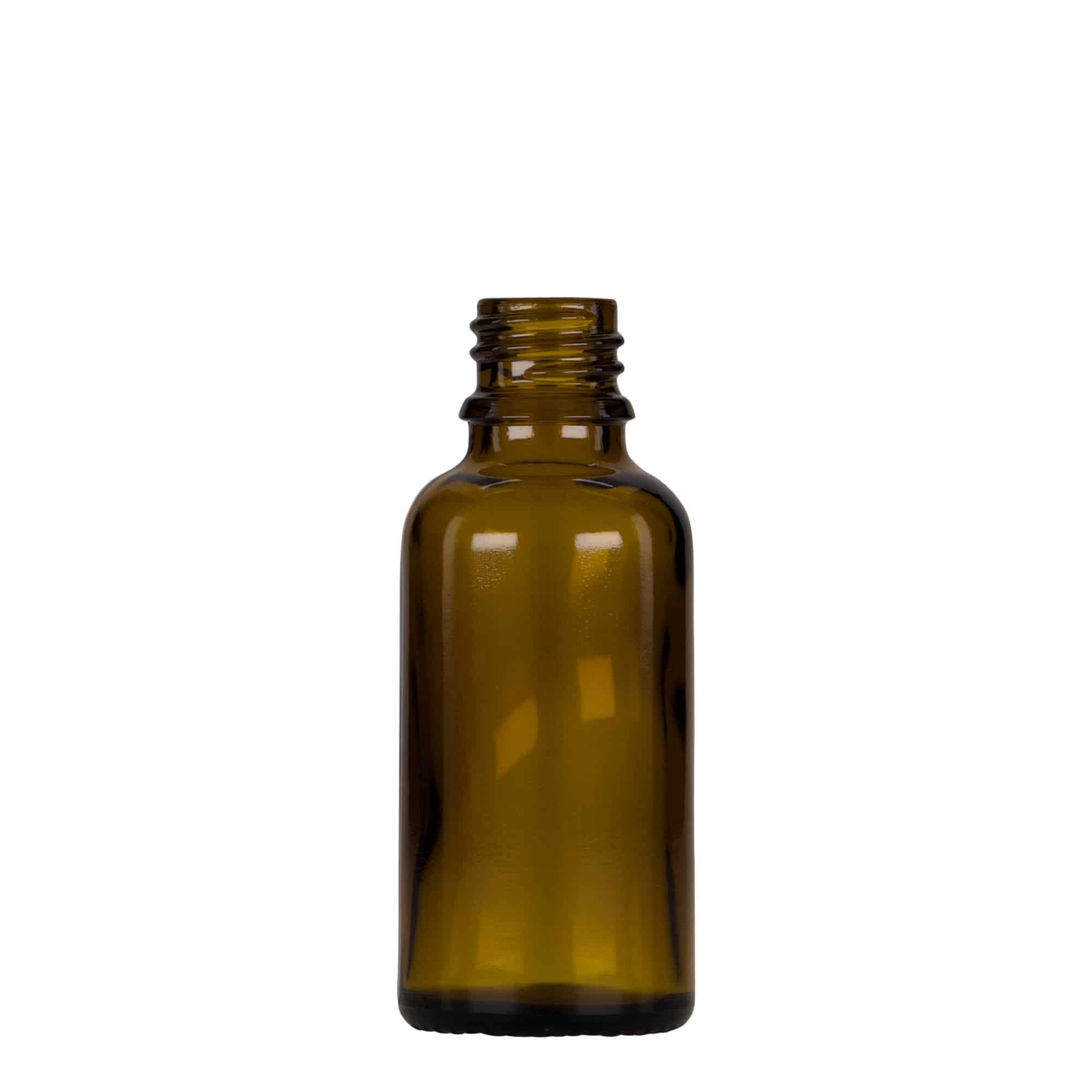 30 ml pipetinė medicininė buteliuko, stiklinė, ruda-juoda, kaklelis: DIN 18