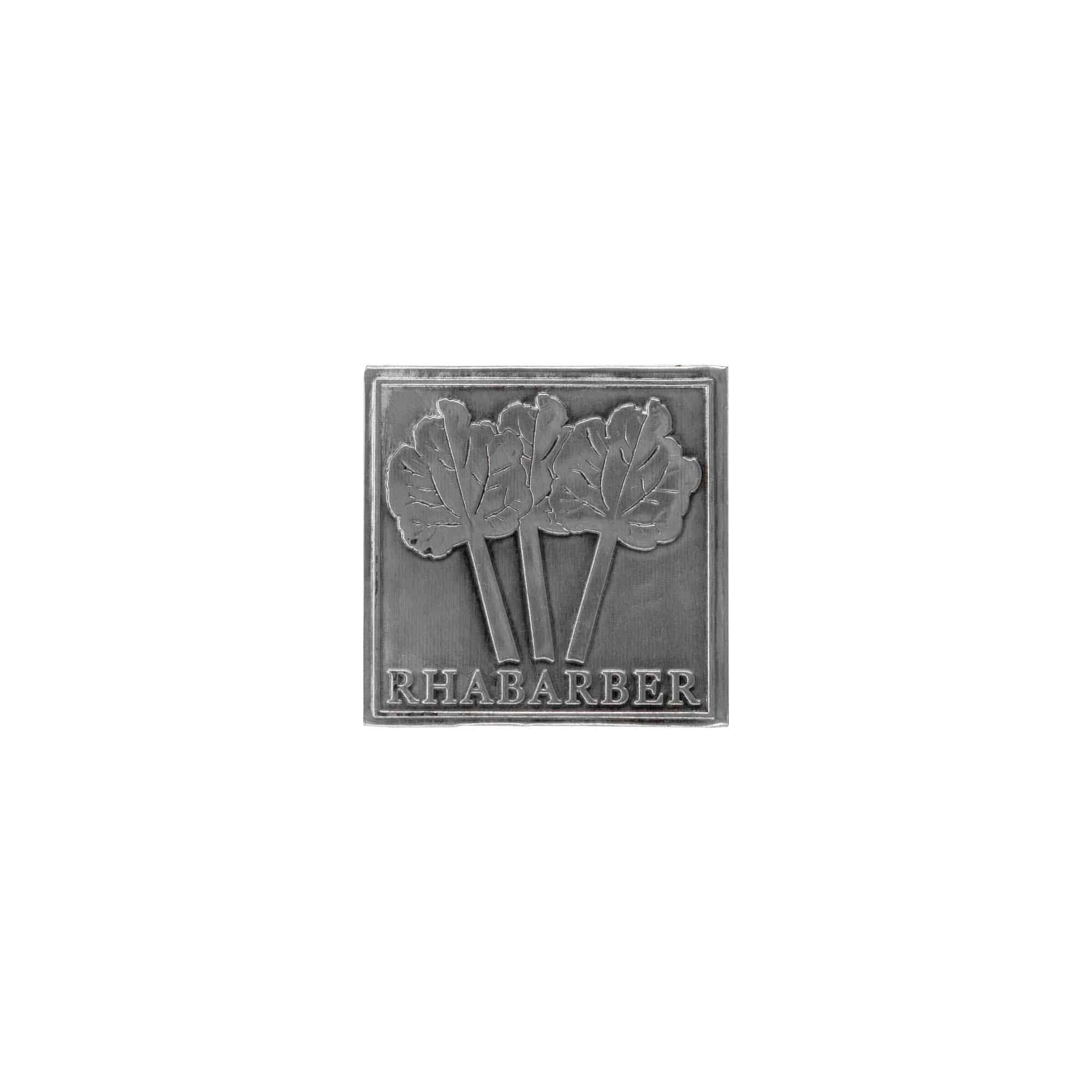 Švino etiketė „Rabarbaras“, kvadratinė, metalinė, sidabrinė