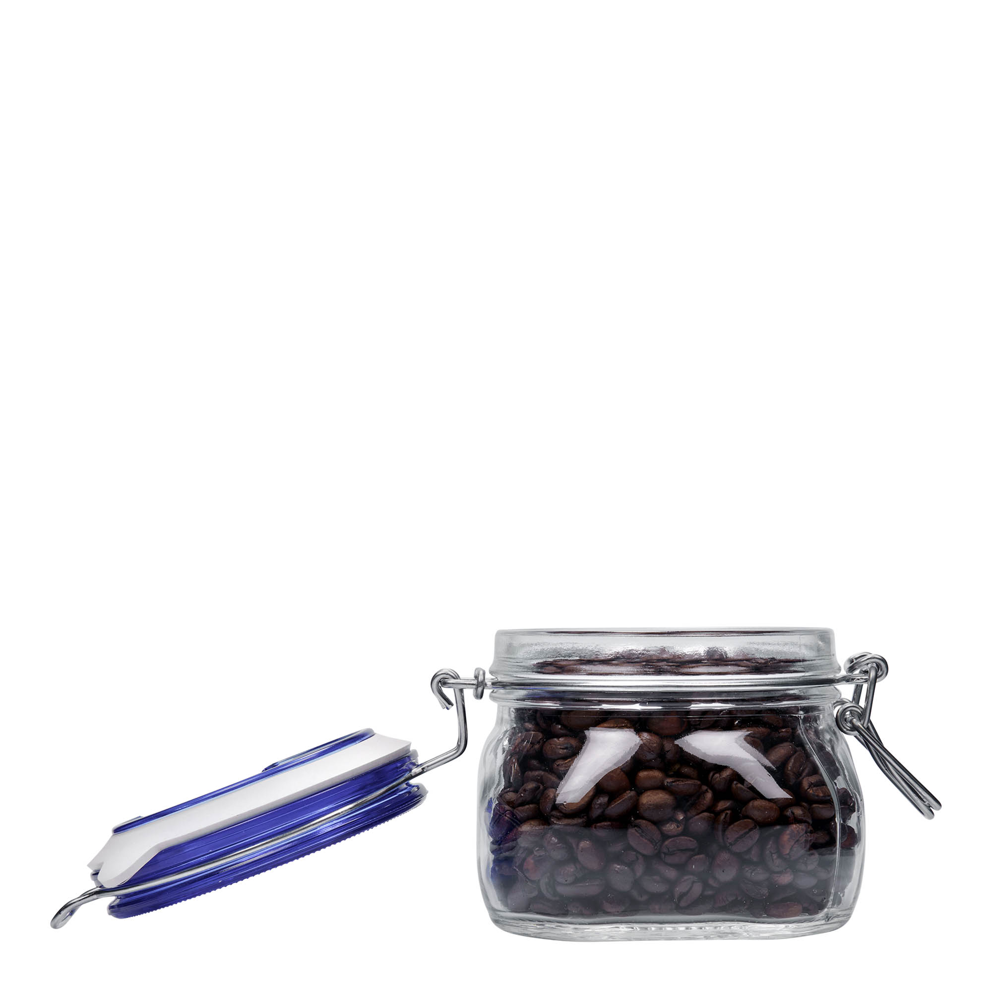 500 ml vielos užsegimo stiklainis „Fido“ mėlynas dangtelis, kvadratinis, anga: vielos užsegimas 500 ml vielos užsegimo stiklainis „Fido“ mėlynas dangtelis, kvadratinis, anga: vielos užsegimas