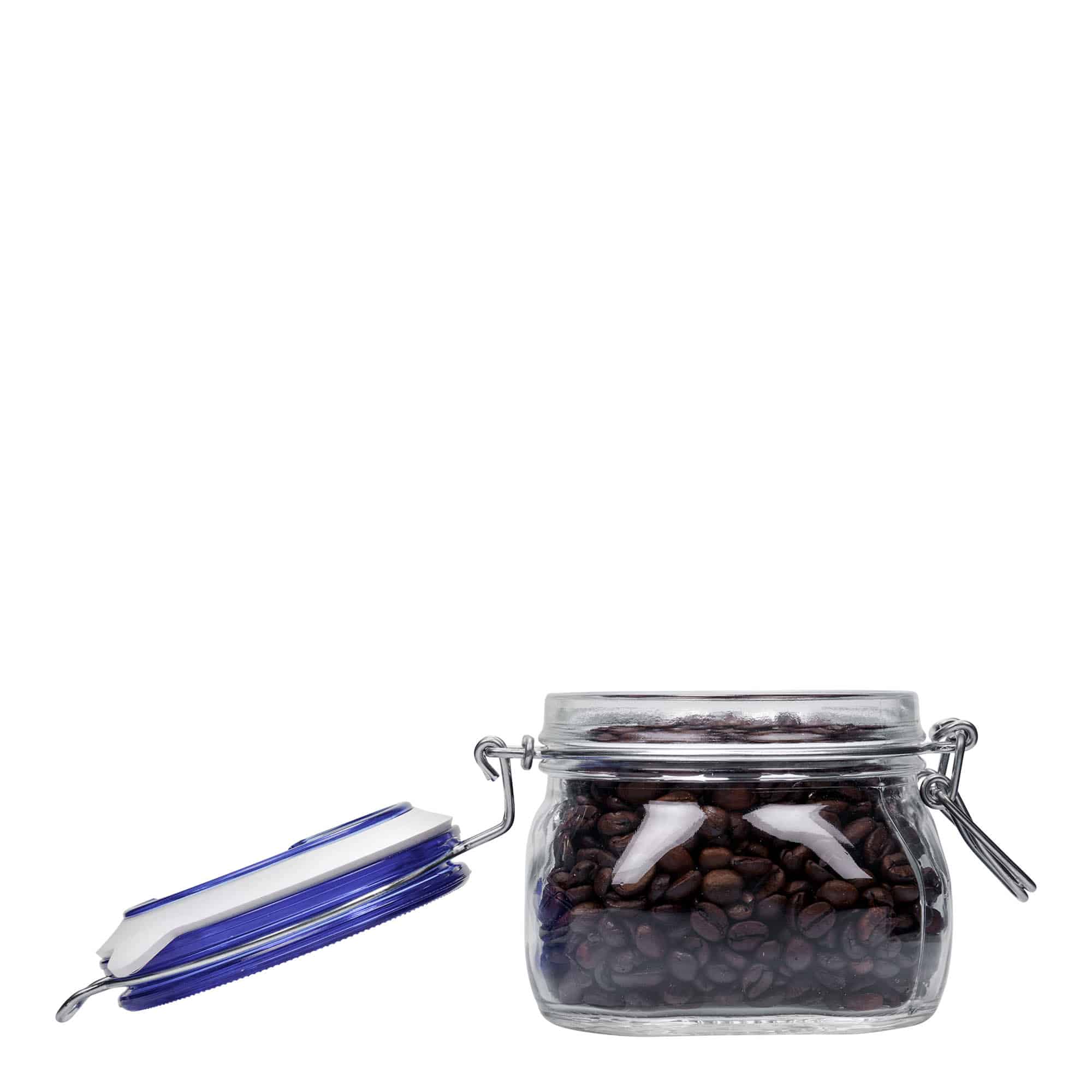 500 ml vielos užsegimo stiklainis „Fido“ mėlynas dangtelis, kvadratinis, anga: vielos užsegimas