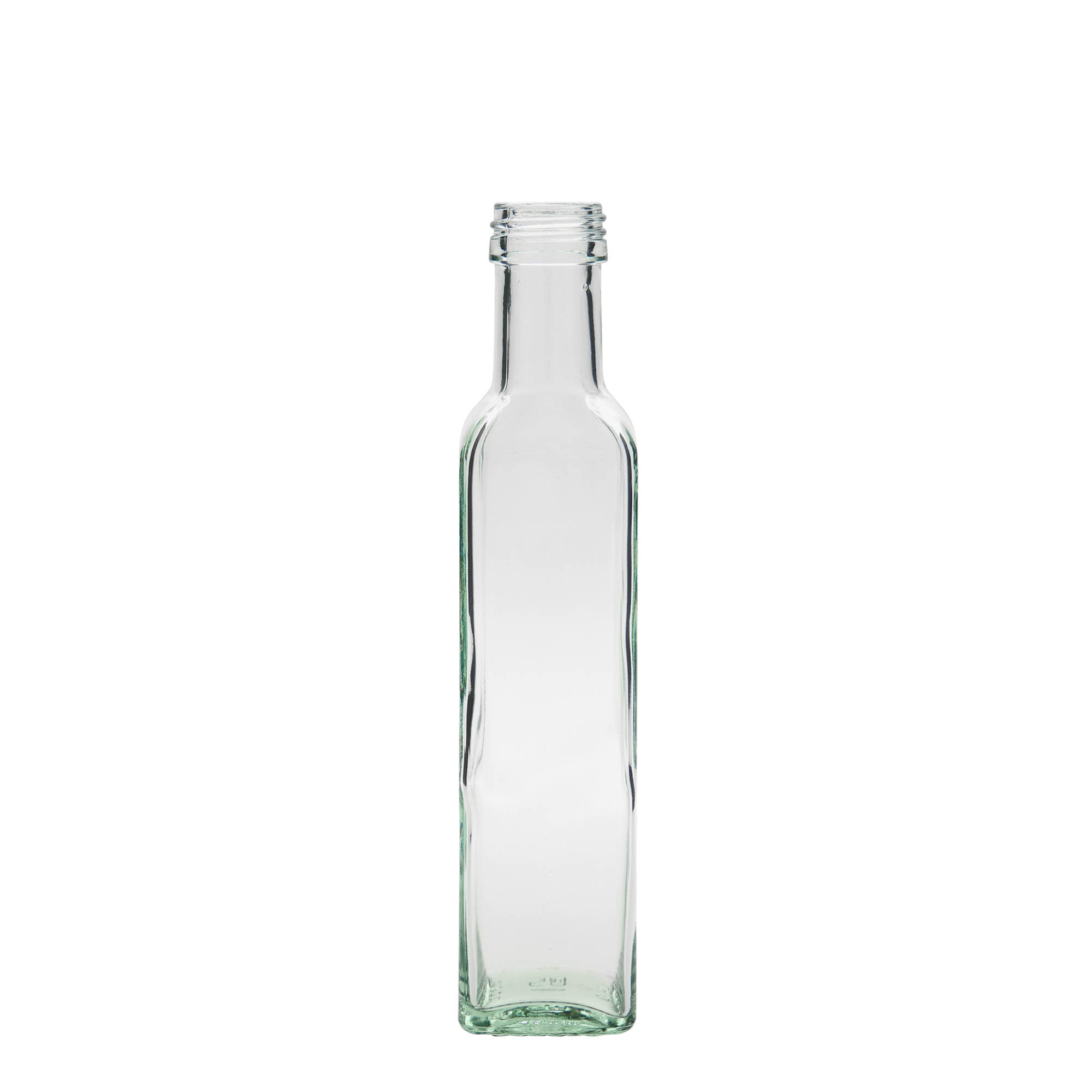 250 ml stiklinis butelis „Marasca“, kvadratinis, anga: PP 31,5