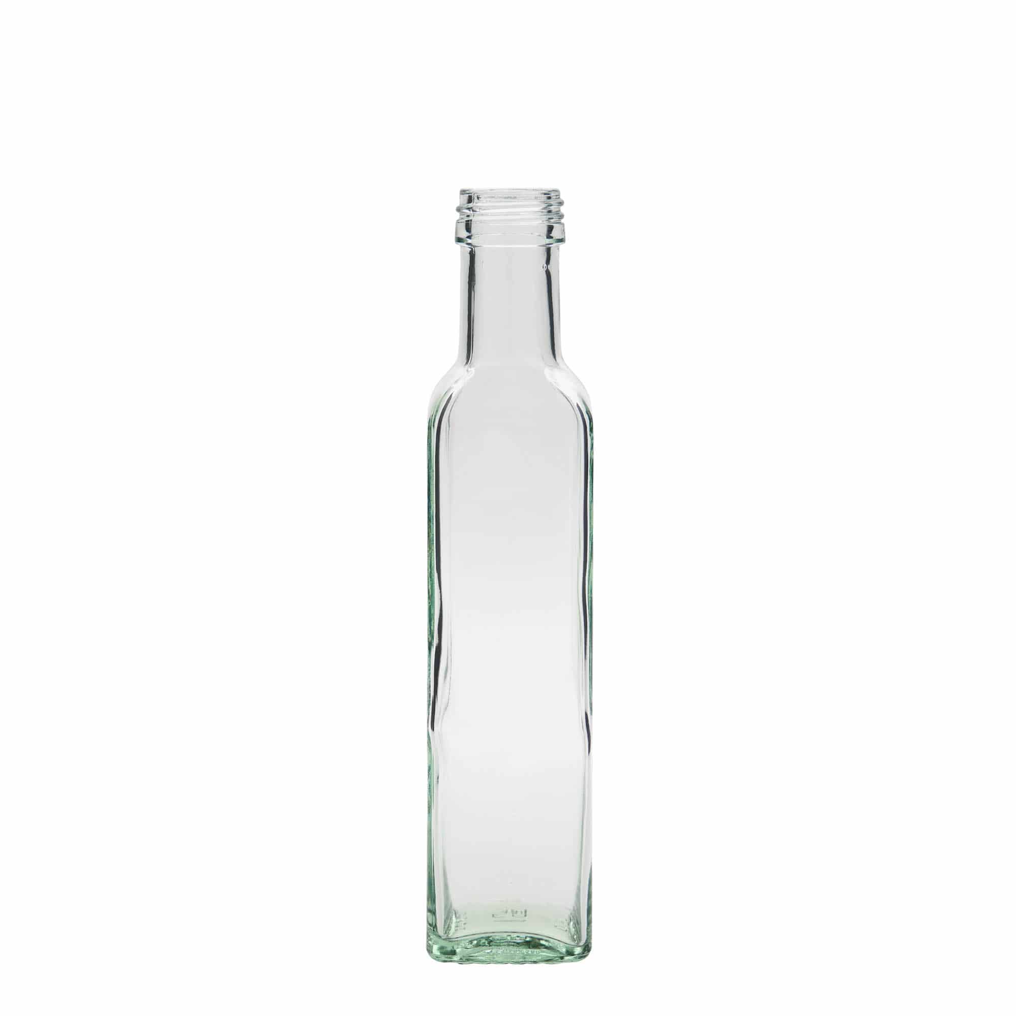 250 ml stiklinis butelis „Marasca“, kvadratinis, anga: PP 31,5