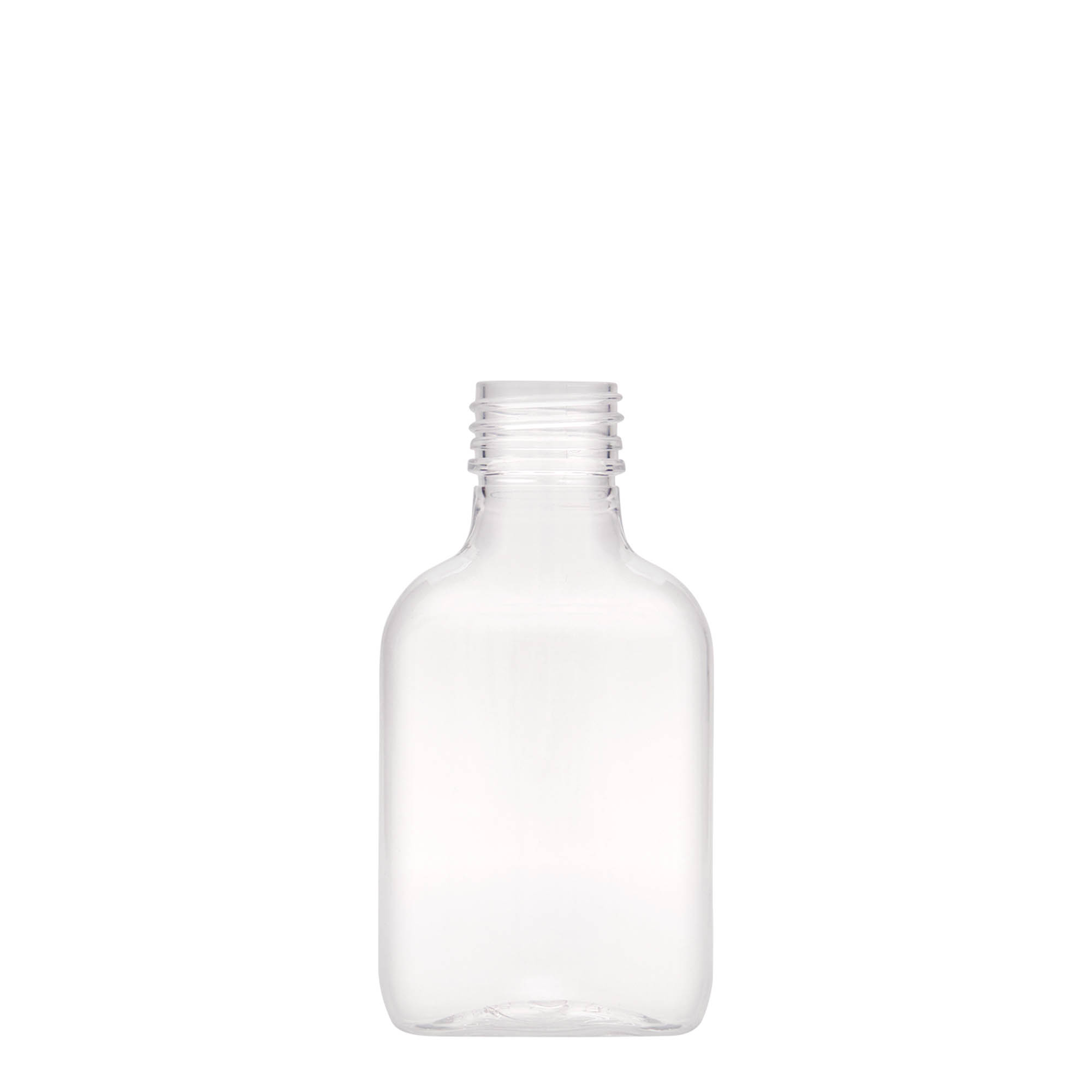 100 ml kišeninė buteliukė, ovali, PET plastikas, burna: PP 28