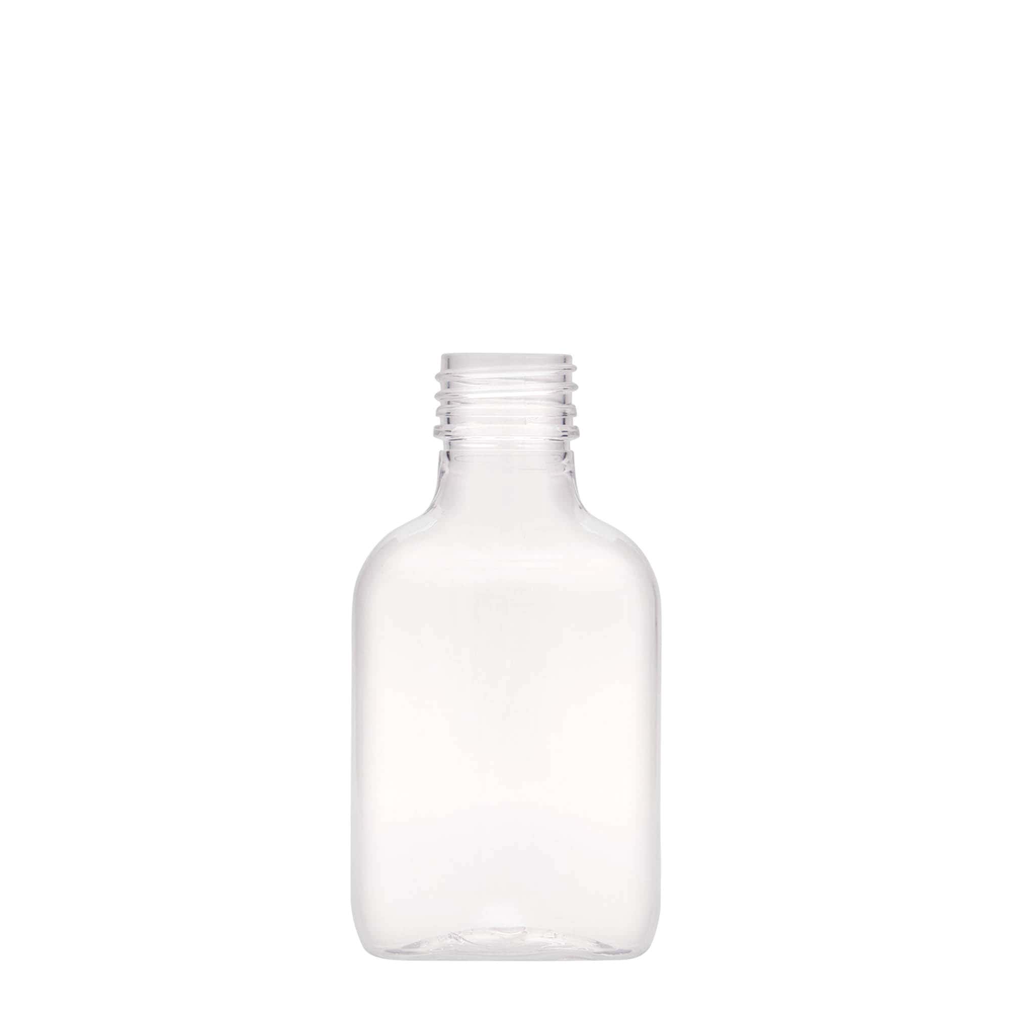 100 ml kišeninė buteliukė, ovali, PET plastikas, burna: PP 28