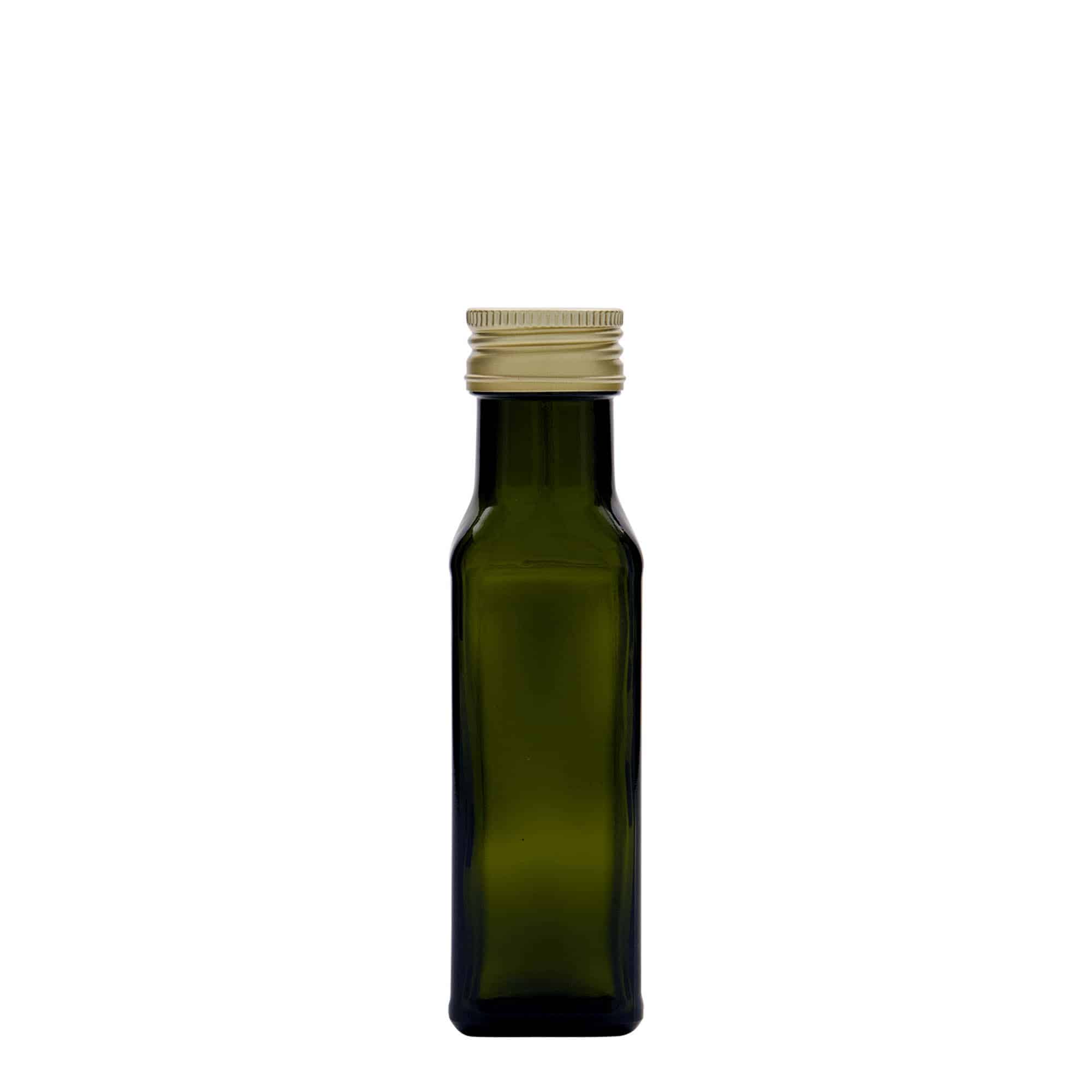 100 ml stiklinis butelis „Marasca“, kvadratinis, senovinės žalios spalvos, burnos anga: PP 31,5
