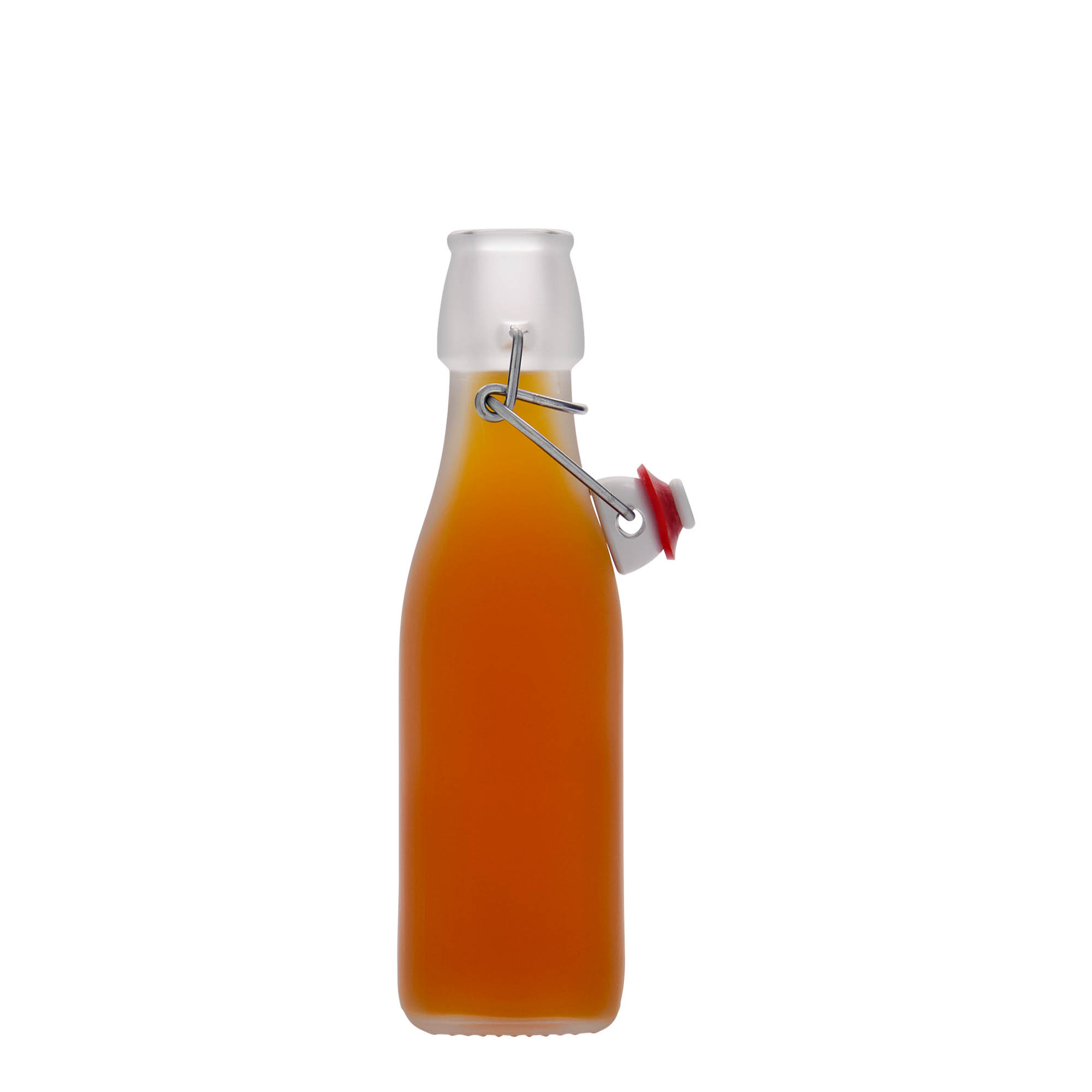 250 ml stiklinis butelis „Swing“, kvadratinis, baltas, kamštis: spaustukas