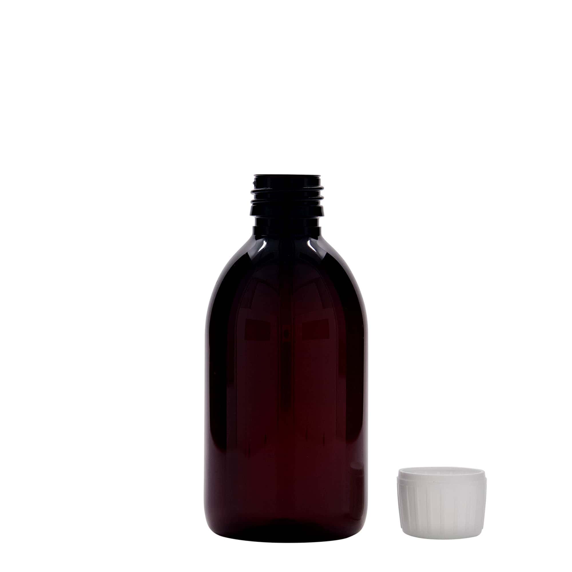 250 ml PET medicininis buteliukas, rudas, plastikas, anga: PP 28