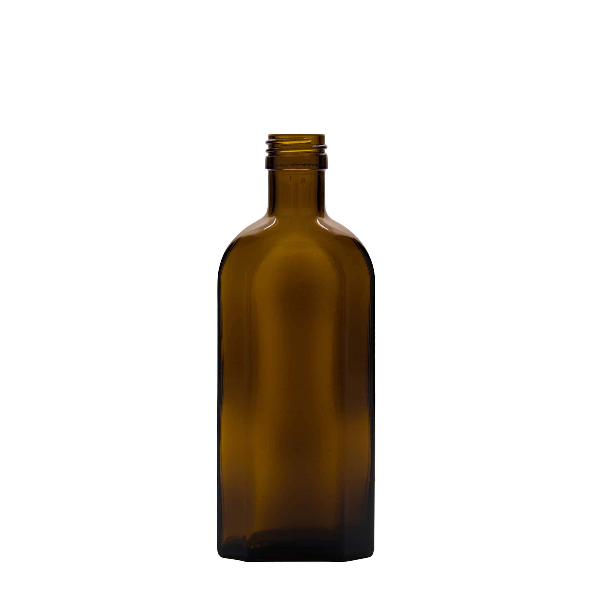 250 ml medicininis buteliukas Meplat, ovalus, stiklinis, rudas, angos dydis: PP 28