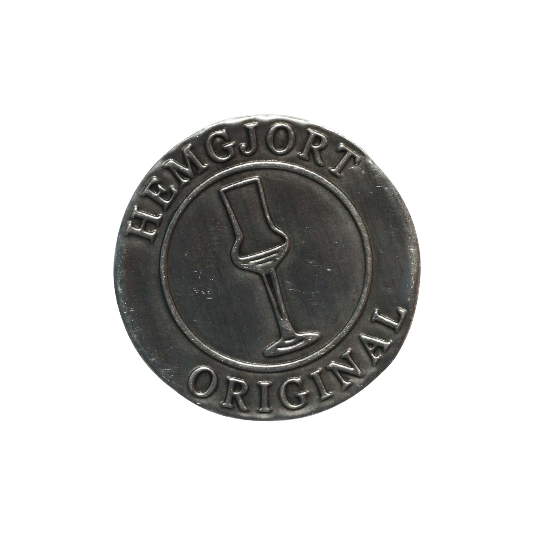 Švino etiketė „Hemgjort Original“, apvali, metalinė, sidabrinė