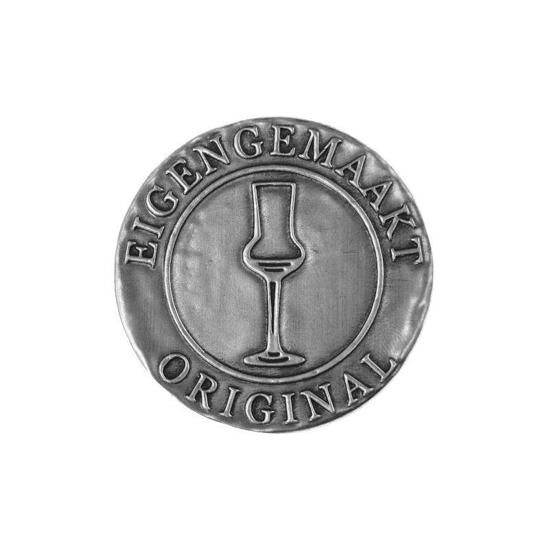 Švino etiketė „Eigengemaakt“, apvali, metalinė, sidabrinė Švino etiketė „Eigengemaakt“, apvali, metalinė, sidabrinė