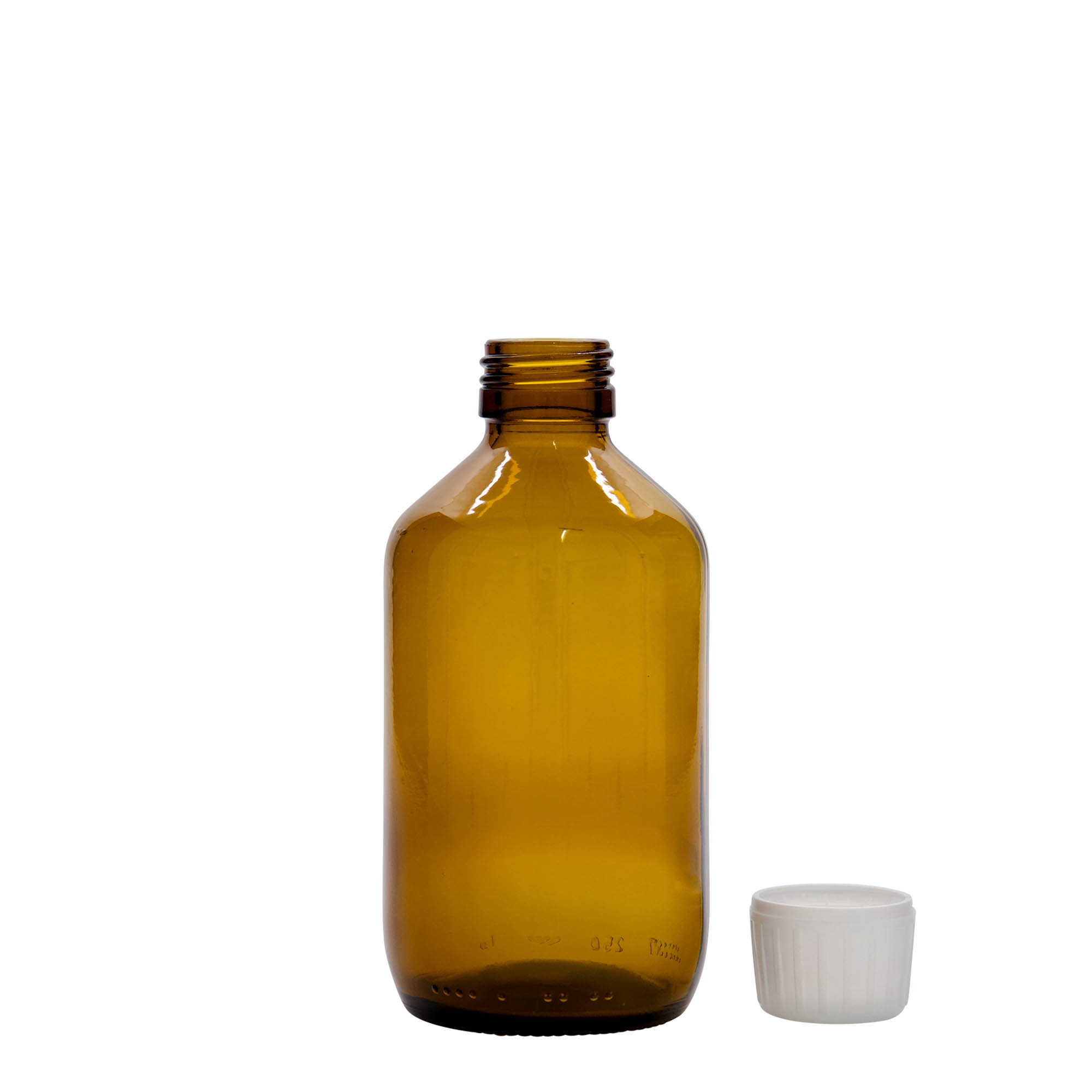 250 ml medicininis buteliukas, rudas, stiklas, burna: PP 28 250 ml medicininis buteliukas, rudas, stiklas, burna: PP 28