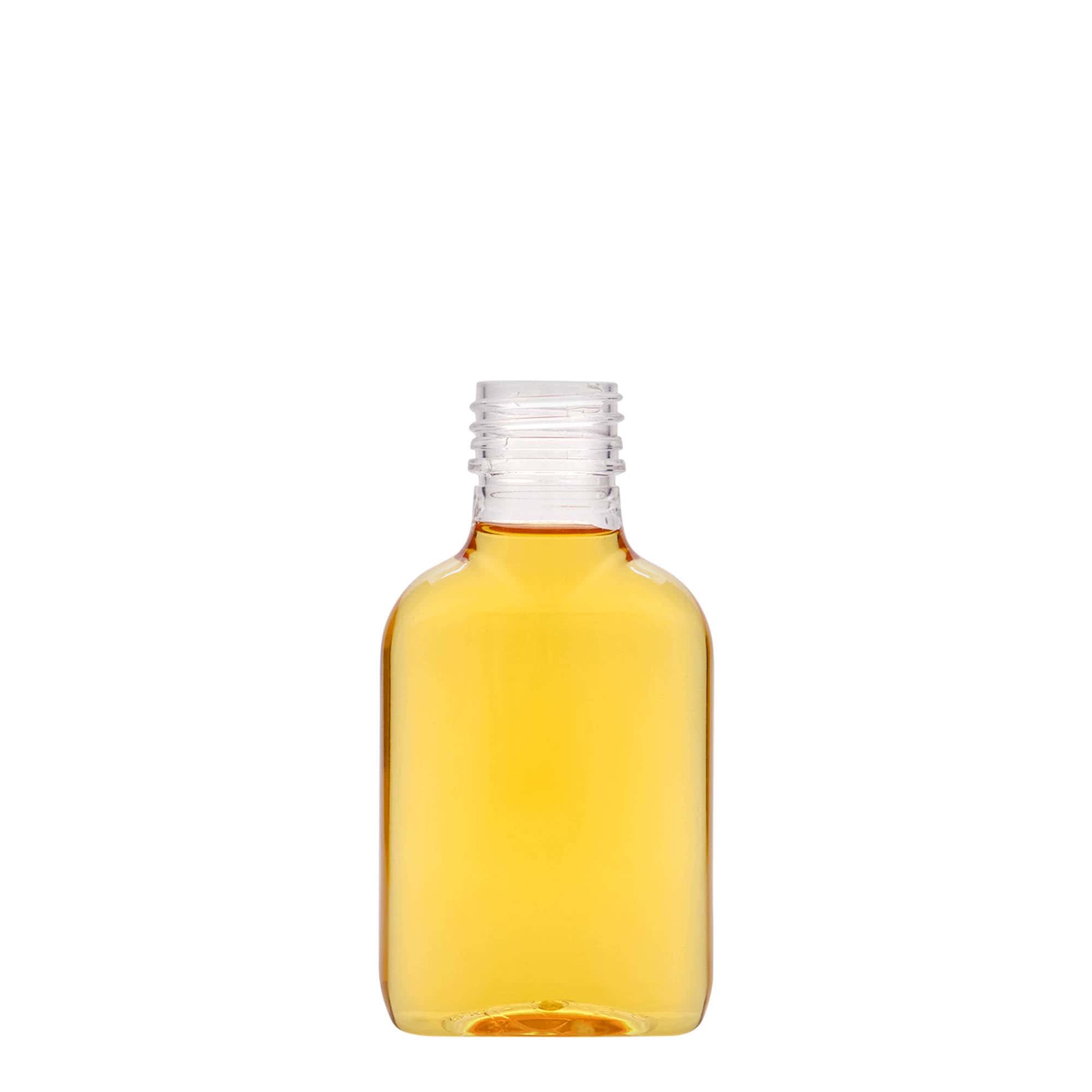 100 ml kišeninė buteliukė, ovali, PET plastikas, burna: PP 28