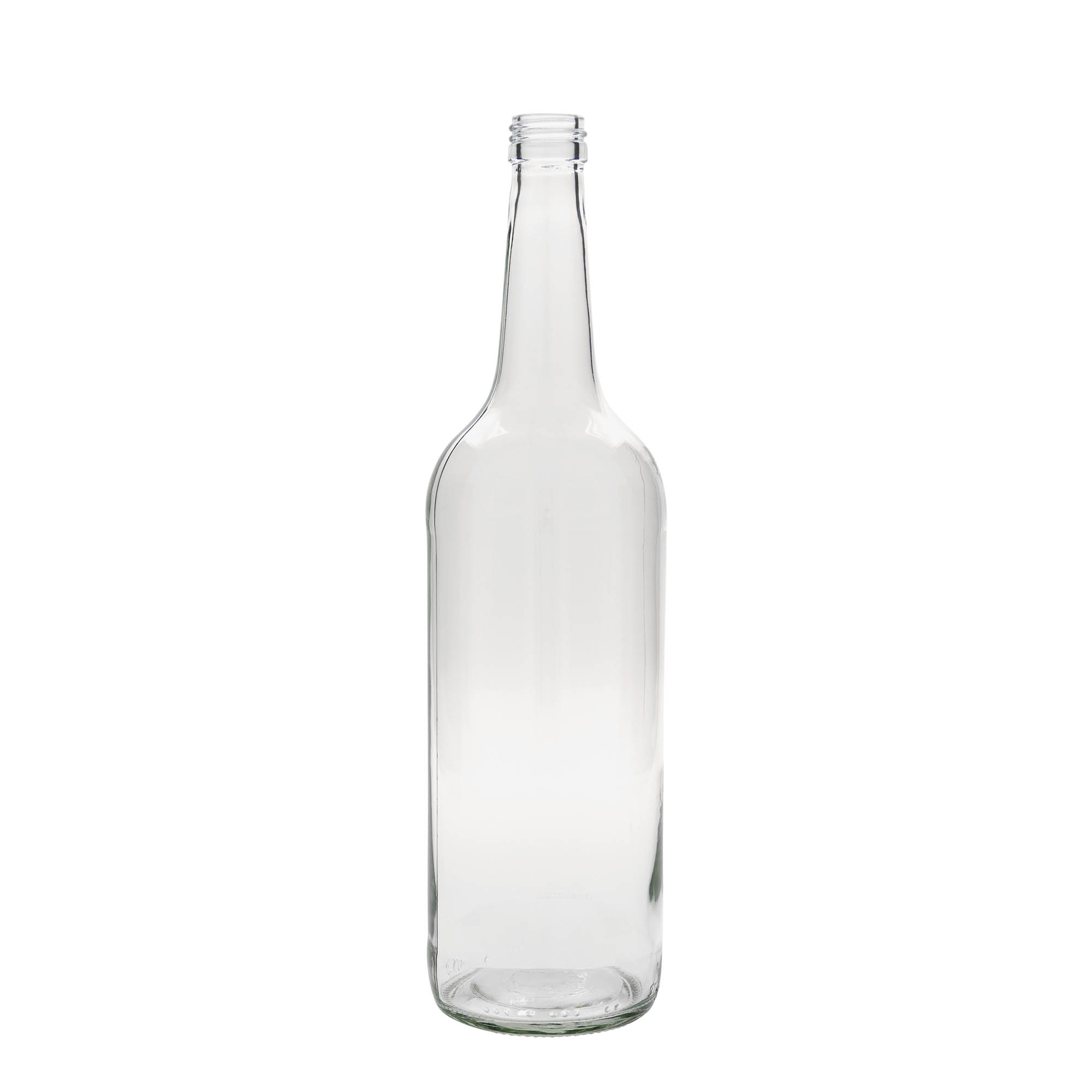 1.000 ml stiklinis butelis su tiesiu kakleliu, anga: PP 28 1.000 ml stiklinis butelis su tiesiu kakleliu, anga: PP 28
