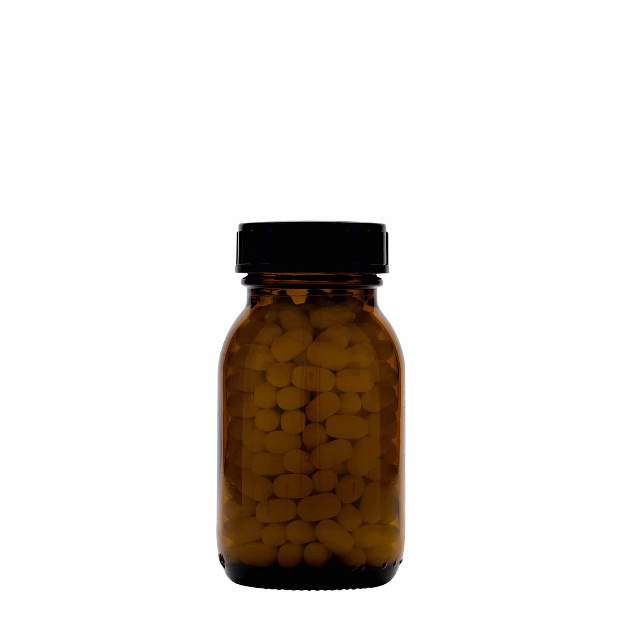 125 ml plačiu kaklu stiklainis, rudas, anga: DIN 40