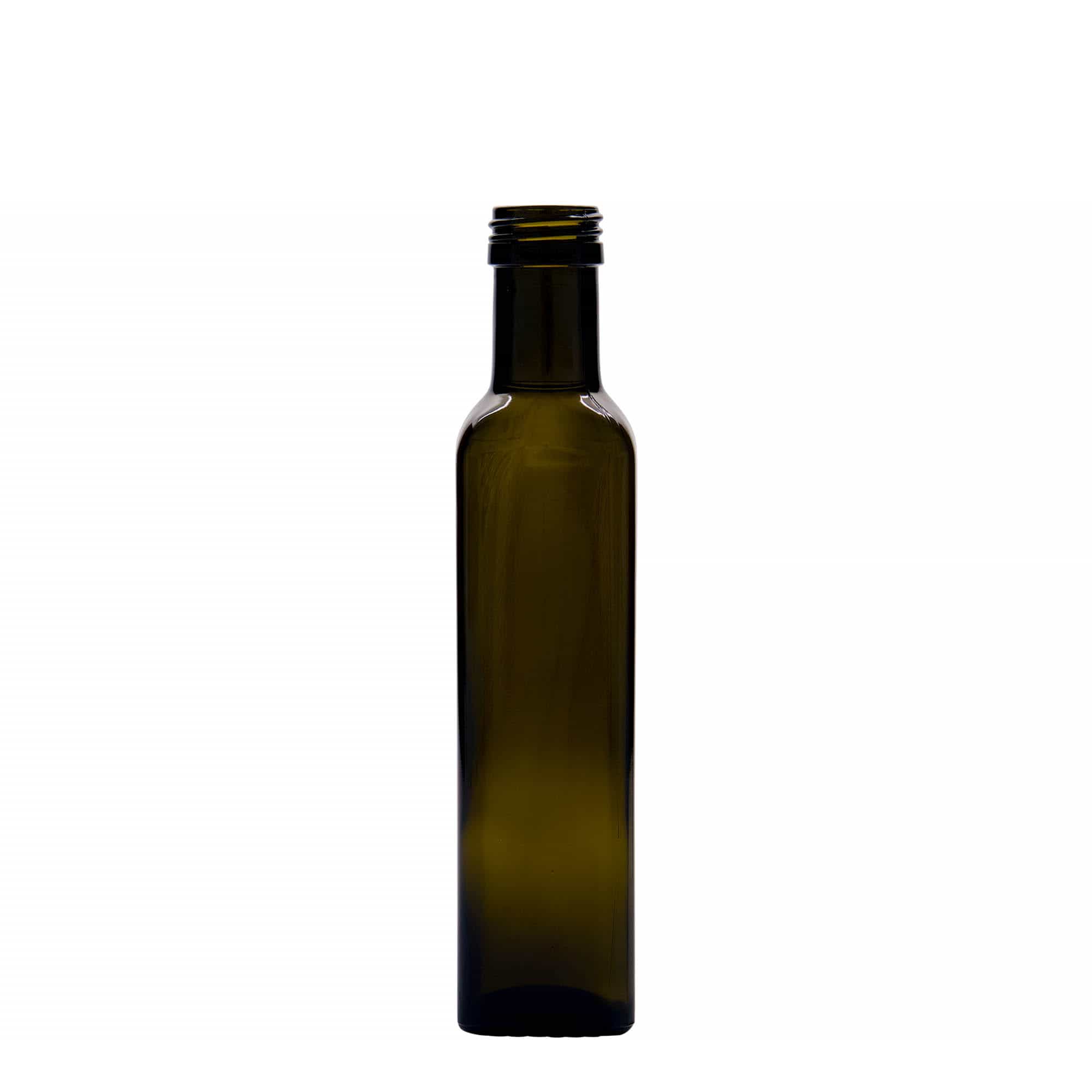 250 ml stiklinis butelis „Marasca“, kvadratinis, antikinės žalumos, anga: PP 31,5
