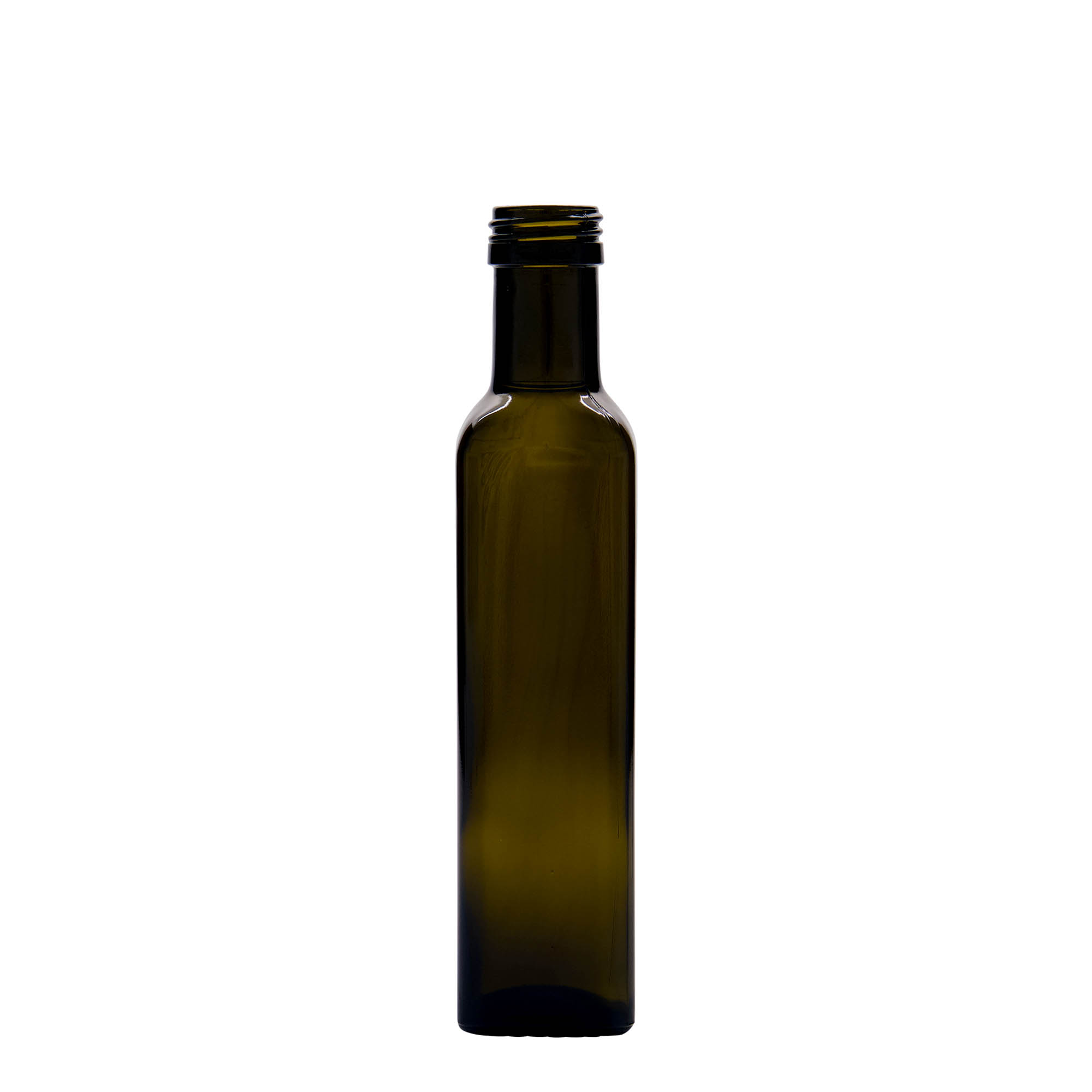 250 ml stiklinis butelis „Marasca“, kvadratinis, antikinės žalumos, anga: PP 31,5